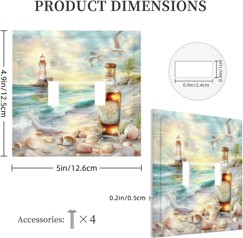 Decorative Switch Plates Beach Ocean Lighthouse Seashells 2 Gang Double Toggle Outlet Light Switch Cover Wall Plate Electrical Faceplate For Bed Room Living Room Decor