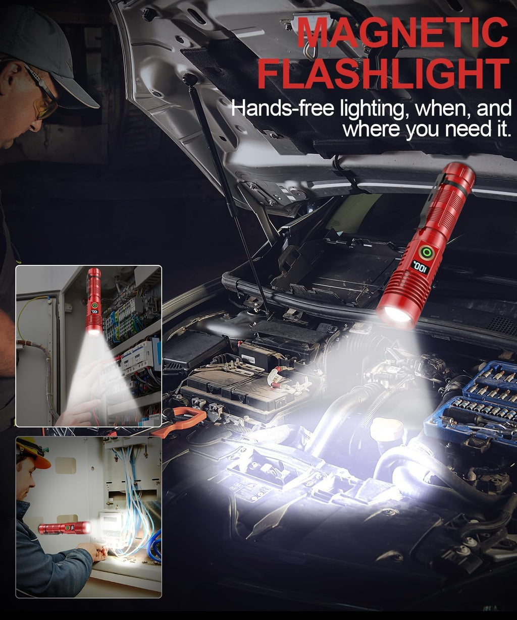 Rechargeable Flashlight High Lumens- Super Bright Magnetic Flash Light with Power Digital Display,Long Range,Dimmable,Waterproof,Pocket LED Flashlights for Emergency Camping 2PC Red