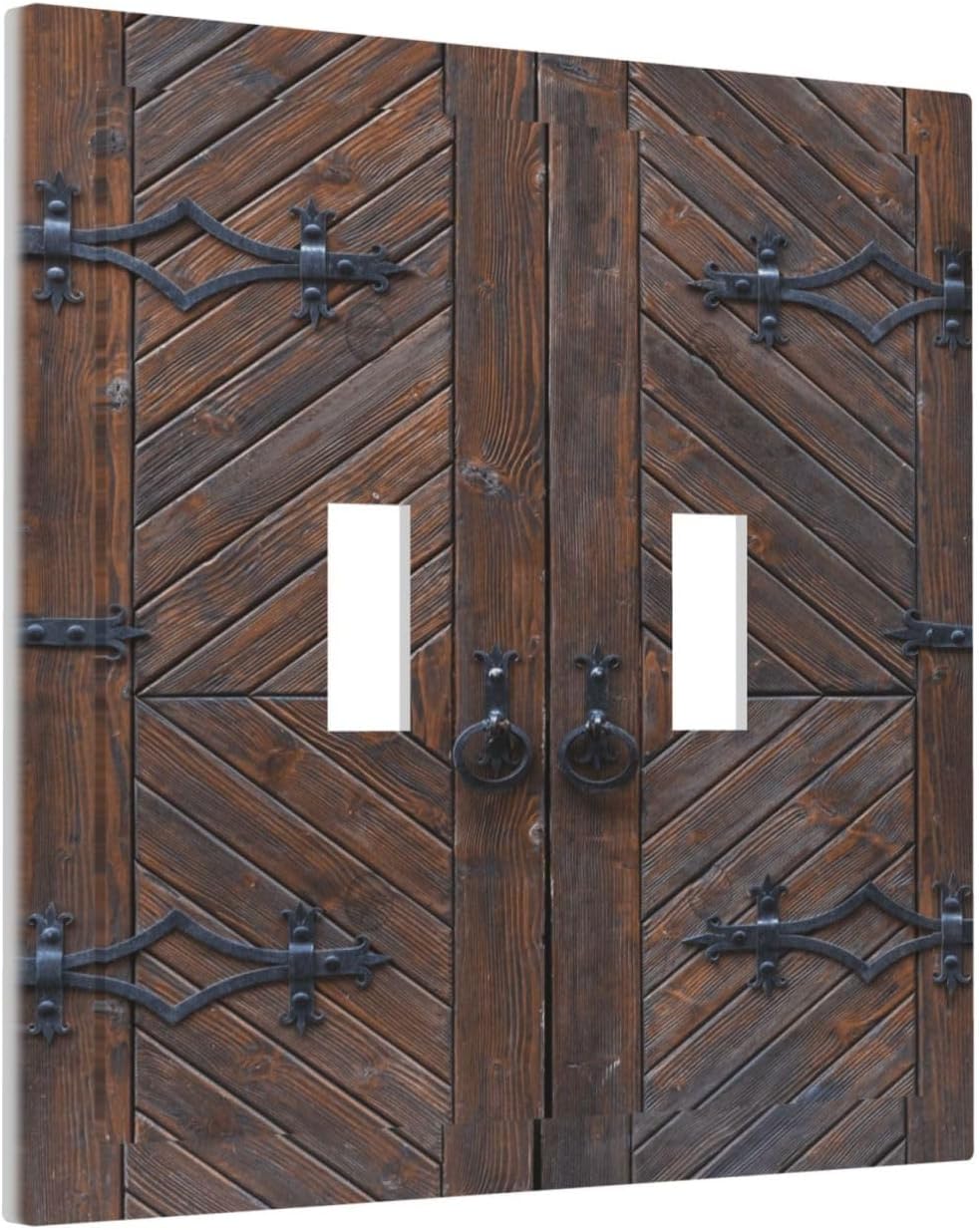 Decorative Light Switch Plate Covers Vintage Brown Wood Barn Door 2 Gang Light Switch Cover Unique Double Toggle Wall Plate Outlet Covers for Bedroom Home Decor （2 Pack）