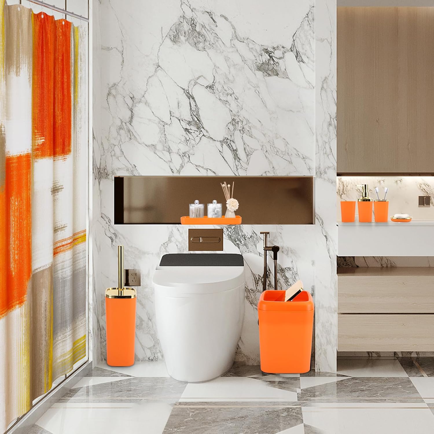 Orange Bathroom Accessories Set, Bathroom Sets with Shower Curtain, Orange Bathroom Accessories with Trash Can, Soap Dispenser, Soap Dish, Toilet Brush Holder, Qtip Holders for Bathroom
