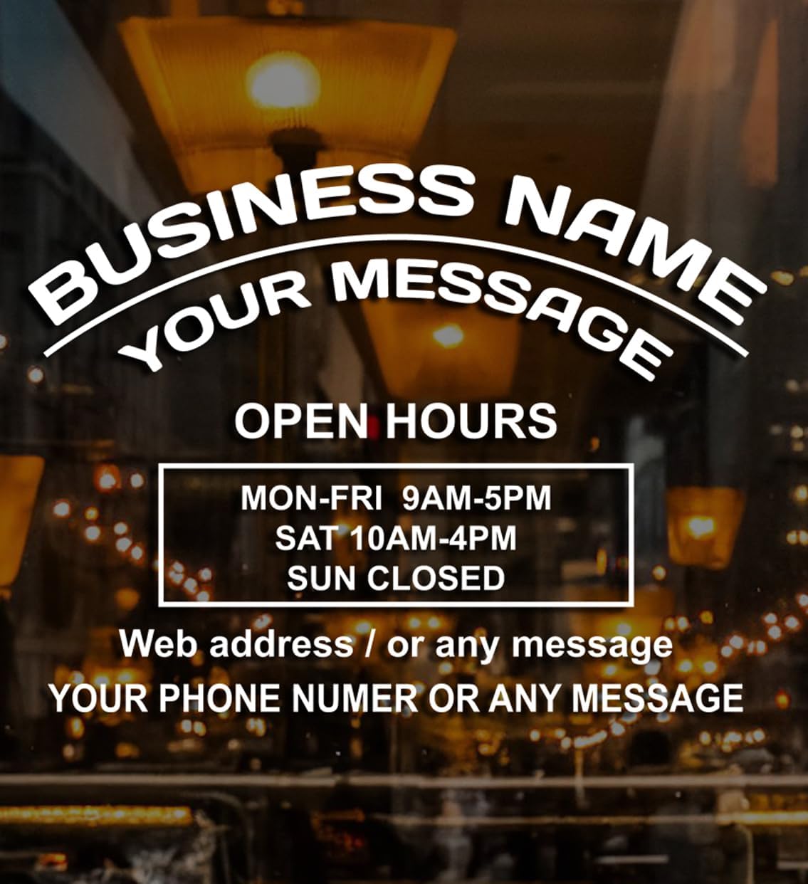 Business Hours Sign for Window – Two Title Lines (Two Arc Lines)