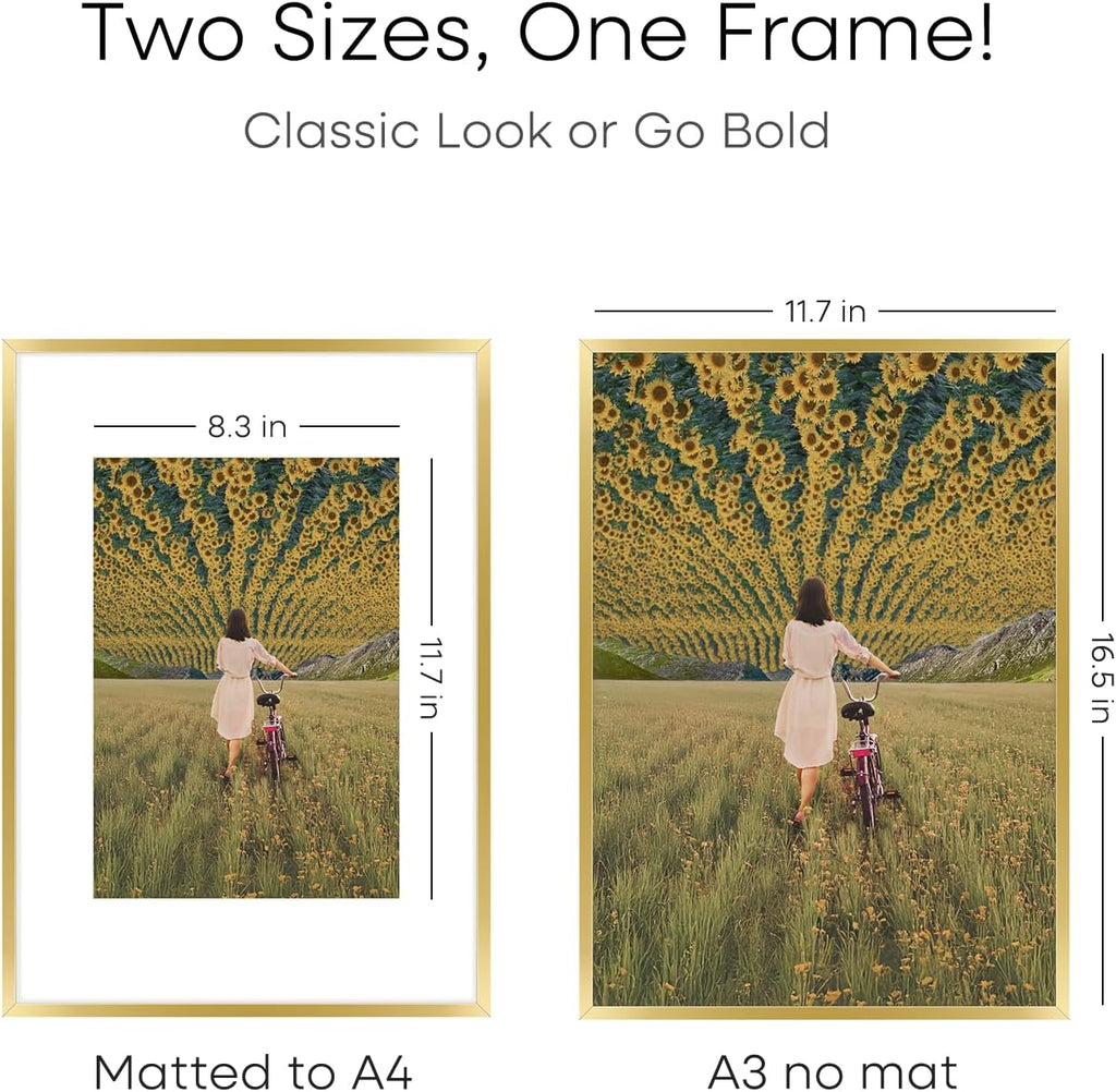 Homeforia A3 Picture Frame Gold, High End Metal 11.7 x 16.5 inch Poster Frames with Mat 8.3 by 11.7 for Photo, A3 Size Frames Matted to A4 Print, 11.7x16.5 Wall Hanging Frame, Tempered Glass, Set of 3