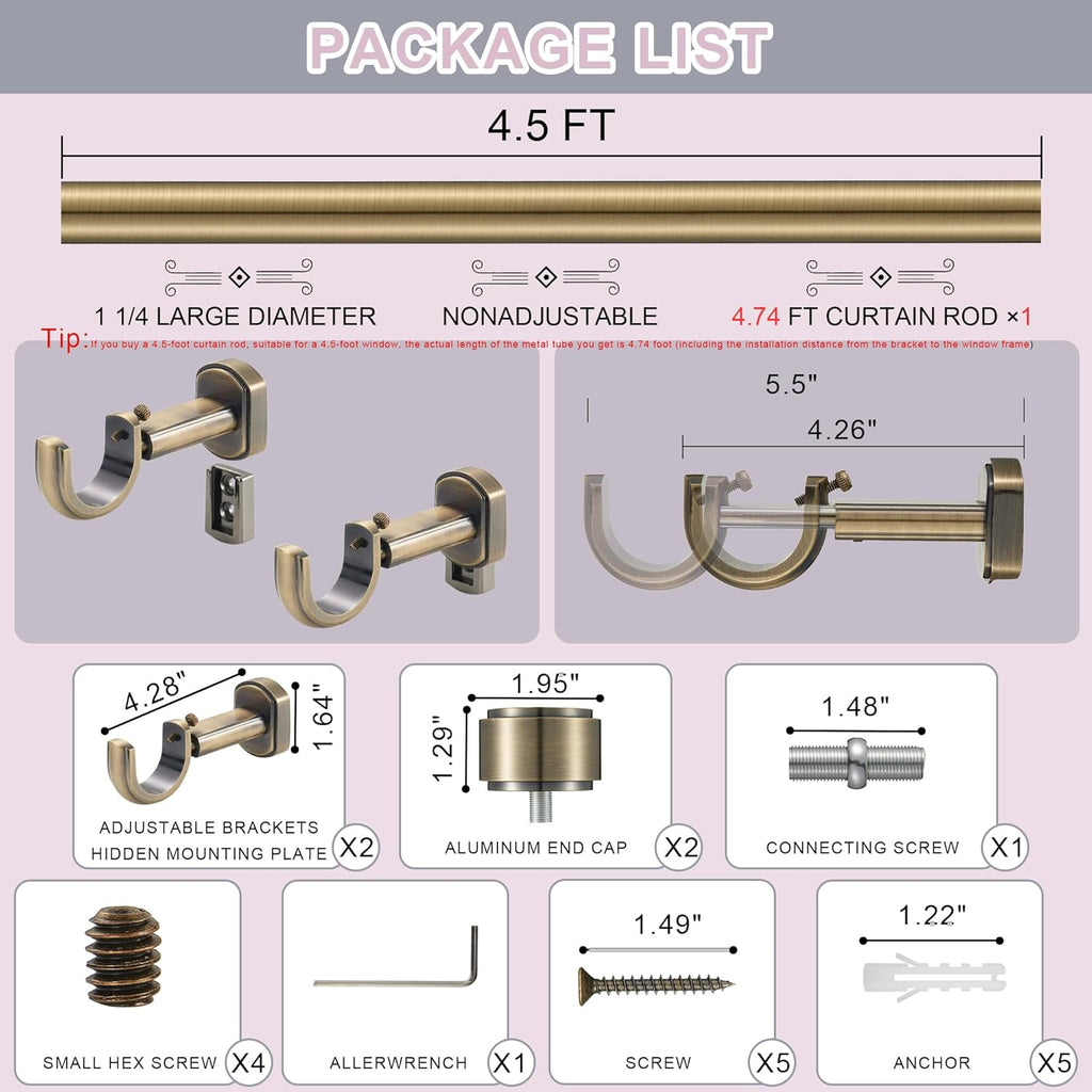 Heavy Duty Curtain Rods,1 1/4" Large Diameter Premium Nonadjustable Curtain Rod,54in/4.5ft Custom Window Treatment Rods with Durable Aluminum Brackets and End Caps,Antique Bronze Finish