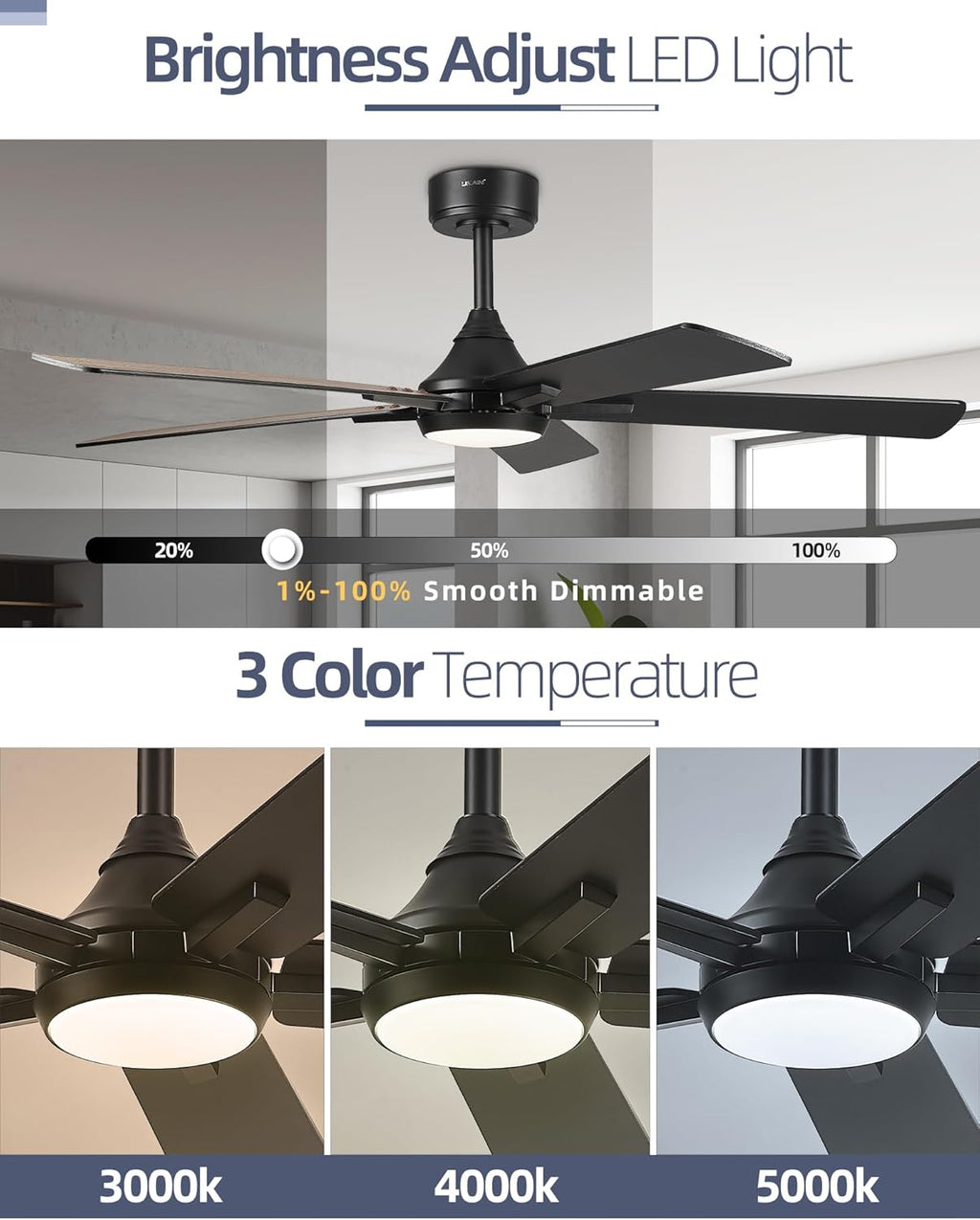 YOUKAIN 52 Inch Ceiling Fans with Lights, Black Ceiling Fan, Smart Fan Remote & APP Control, Reversible Blades, LED Ceiling Fan for Living Room, Bedroom, 52-YJ812-BK
