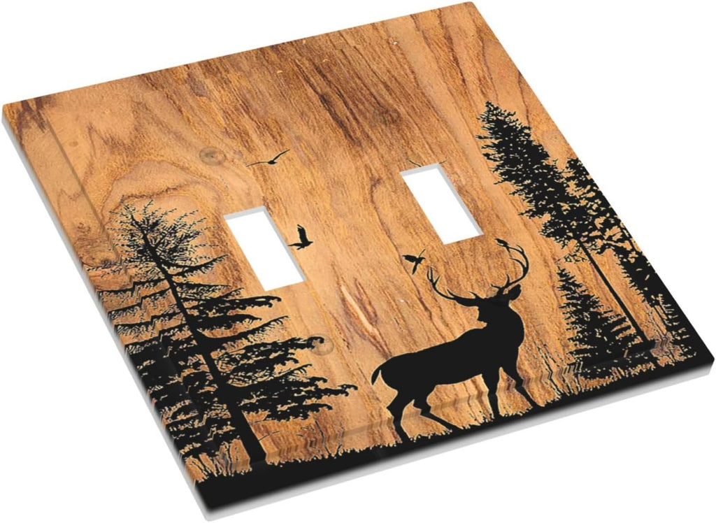 Decorative Switch Plates Rustic Farmhouse Orange Brown Pine Tree Deer Wood Grain 2 Gang Double Toggle Outlet Light Switch Cover Wall Plate Electrical Faceplate for living Room Cabin Decor
