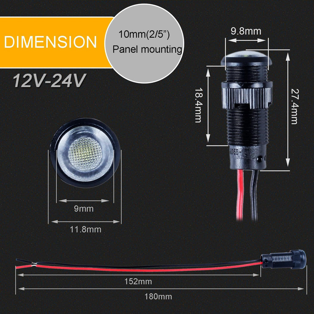 5pcs 10mm LED Indicator Light Plastic Black Signal Dot Lamp 12V-24V 2/5" Mounting Hole Size with 15cm/5.9in. Wire (White LED)