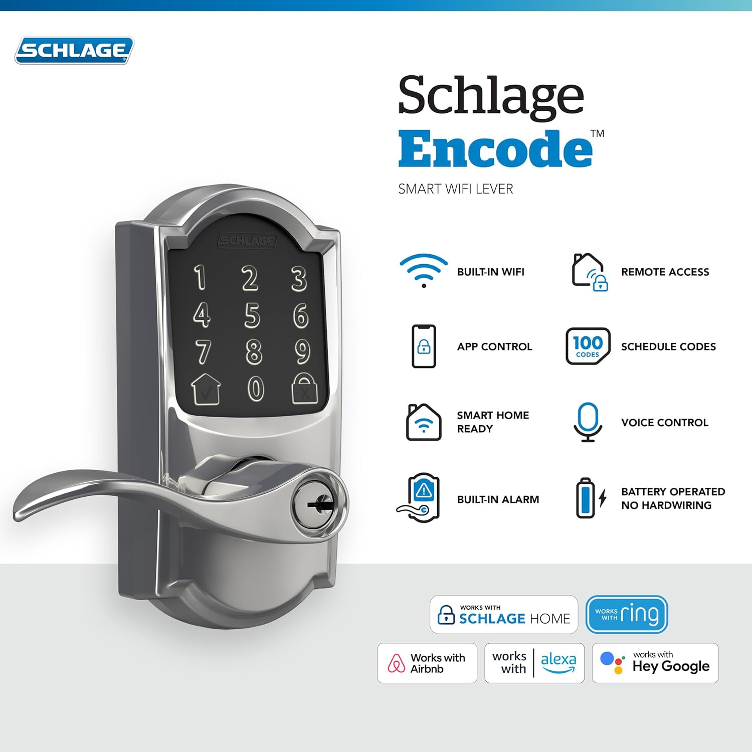 Schlage FE789WB CAM 625 Acc Encode WiFi Accent Lever Smart Lock, Keyless Entry Touchscreen Door Lock with Camelot Trim, Bright Chrome