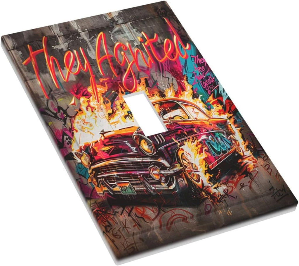 Decorative Light Switch Cover Hip Hop Street Graffiti Flame Car 1 Gang Single Toggle Device Electrical Faceplate Switchplates Decorator Outlet Wall Plate for Bedroom living Room Decor