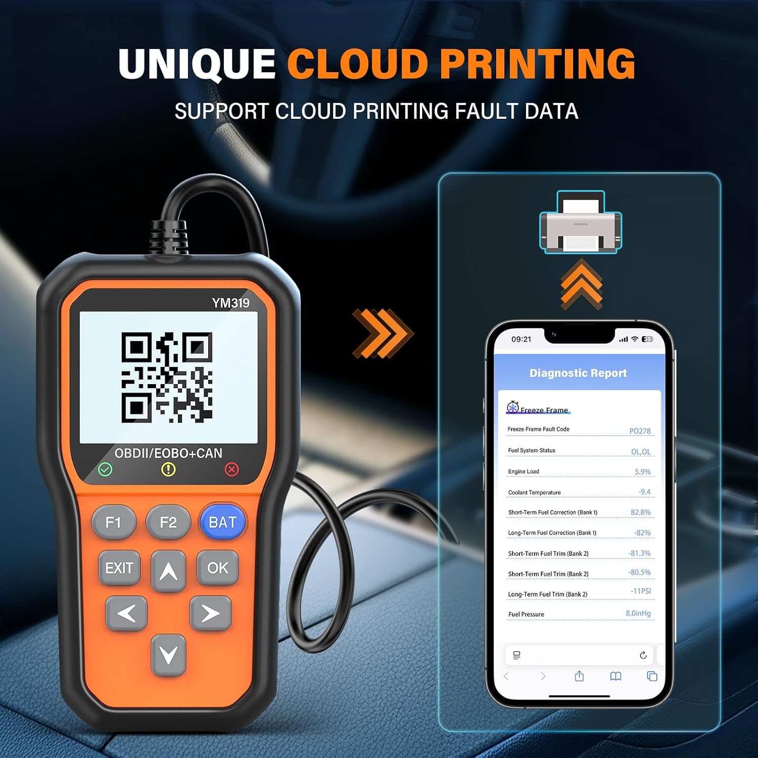 BluSon YM319 OBD2 Scanner Diagnostic Tool with Battery Tester, Check Engine Fault Code Reader with Live Data, Cloud Printing, DTC Lookup, Freeze Frame, Scan Tool for All OBDII Protocol Cars Since 1996