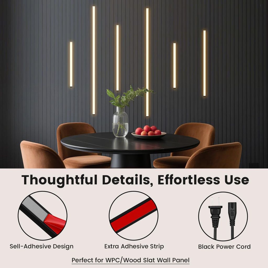 Slat Wall Lights - GloryAir 6pcs Black Adhesive Wall Panel Lights for Interior Wall Decor, Warm White 3000K Touchable Switch LED Lamp for Wood Slat Acoustic Panels, Headboard, Stairway, Home Decor