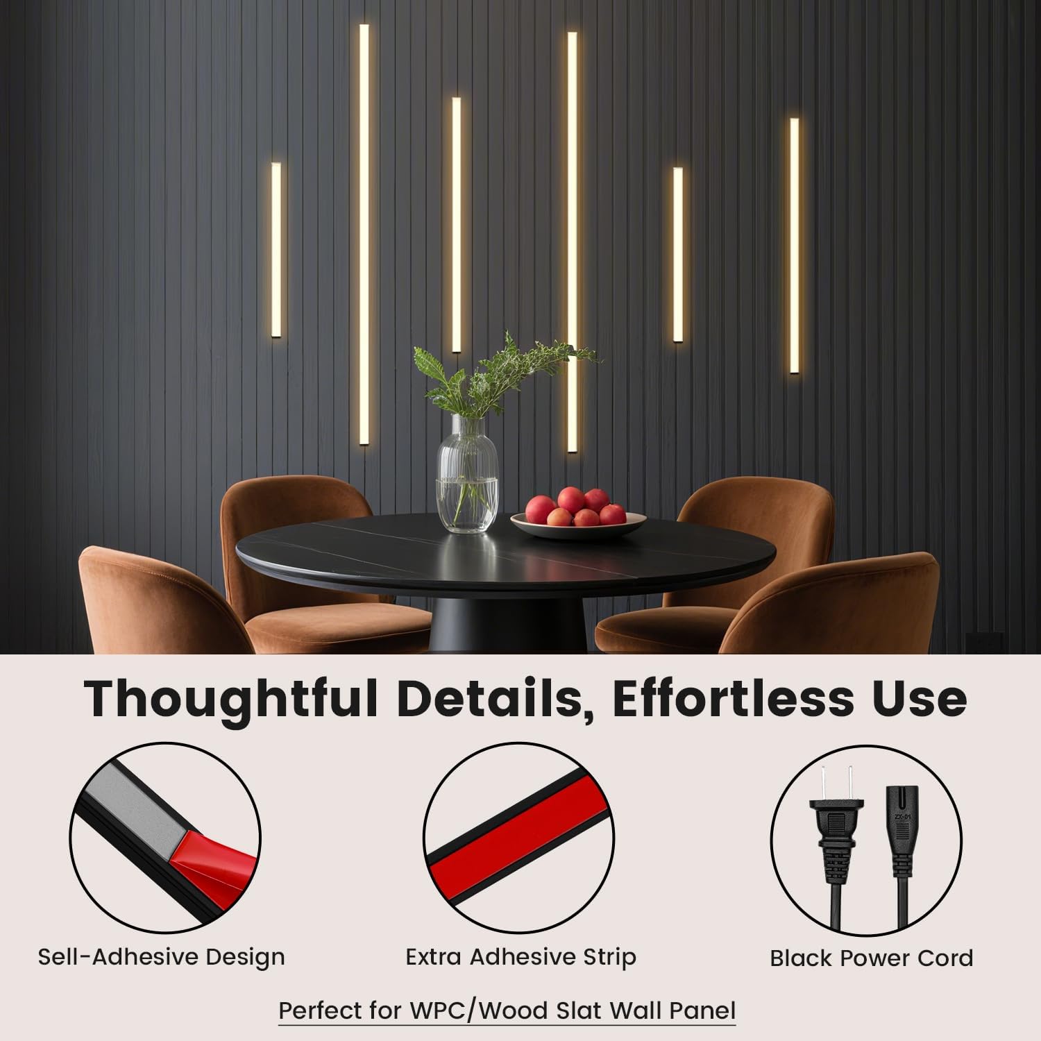 Slat Wall Lights - GloryAir 6pcs Black Adhesive Wall Panel Lights for Interior Wall Decor, Warm White 3000K Touchable Switch LED Lamp for Wood Slat Acoustic Panels, Headboard, Stairway, Home Decor