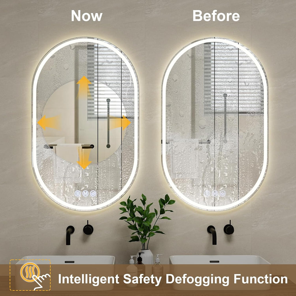 BEAUTYPEAK 36x24 LED Oval Bathroom Mirror with Lights, Anti-Fog, Dimmable, Backlit + Front Lit, Lighted Bathroom Vanity Mirror for Wall, 3 Colors, Memory Function, Tempered Glass, Shatter-Proof