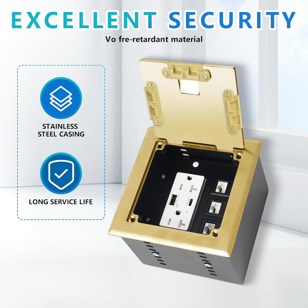 KYHSHJ Recessed Flat Hidden Socket Kit with 2 * 20A Receptacle，4.8A 1 USB-A Ports &1 USB-C Port+3-Port RJ45 Datacom Receptacle. Internal Height Adjustable，Corrosive Resistant Hardware,Brass
