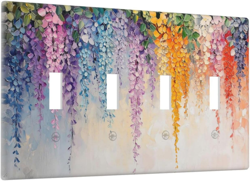 Colorful Wildflower Wisteria Cascade Floral Flower Light Switch Covers Quad Toggle Electrical Faceplate 4 Gang Wall Plate Decorative Switch Plates Cover for Bedroom Living Room Decor