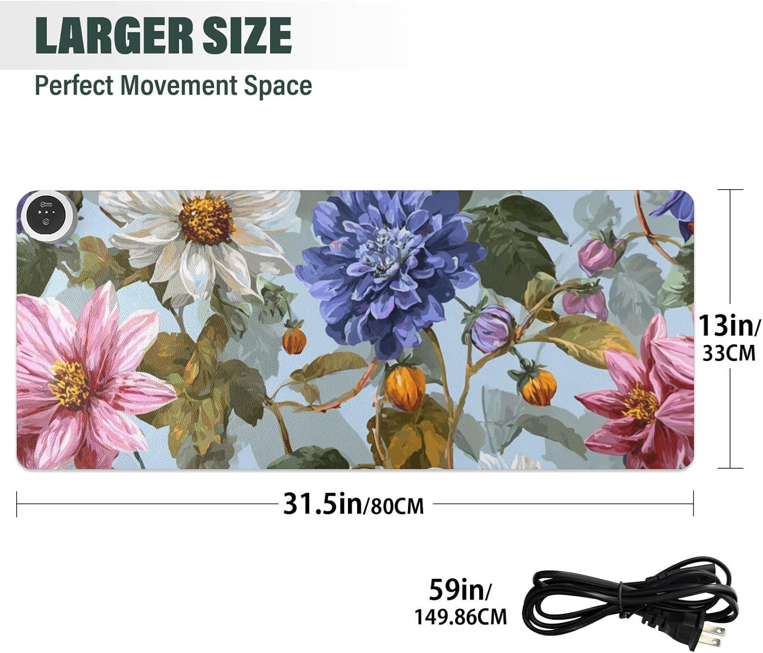 Heated Desk Pad Mouse Pad 31.5x13 Inch PU Leather Desk Mat with 3 Heat Levels Large Mouse Gaming Computer Laptop Mat Blue Daisies Dahlias Bluebells