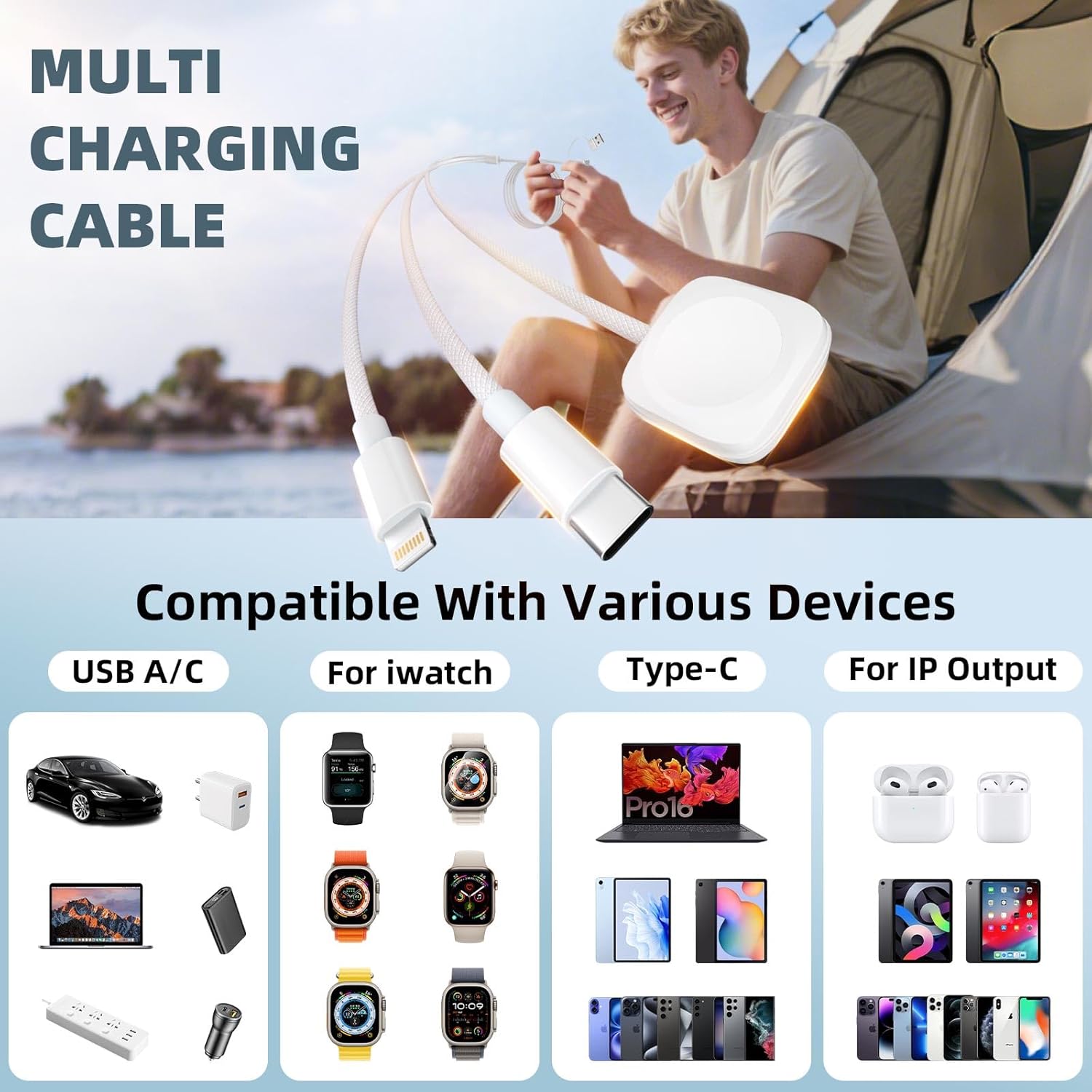 Travel Charger for Apple Watch, 3 in 2 Multi Charging Cable/Cord with Lightning/USB C/iWatch Charger, Travel Chargers for Multiple Devices, Compatible with iWatch Series/iPhone 17-8/iPad/AirPods 4FT