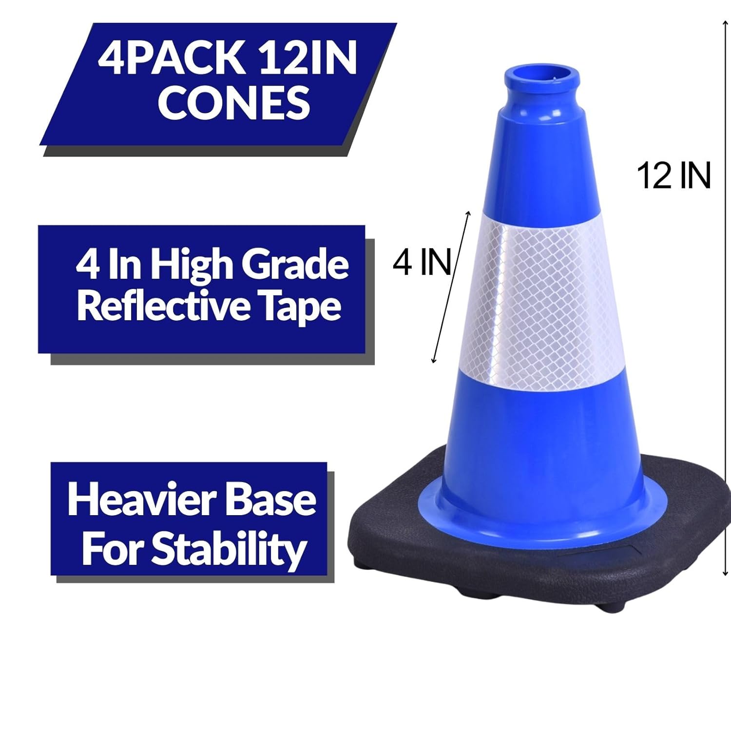 BESEA 4Pack 12 Inch Blue Traffic Cones with 4 Inch Reflective Collar, Heavy Duty PVC Safety Cones with 8.5 x 8.5 Inch Base for Parking, Driving Practice, Sports Training, and Construction