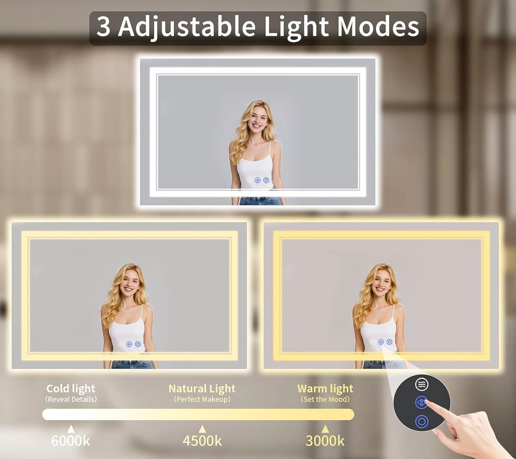28"x60" LED Bathroom Mirror with Lights, Anti-Fog, Backlit + Front Lit, Dimmable, Led Vanity Mirror for Wall, Lighted Bathroom Mirror, 3 Colors, Shatter-Proof Tempered Glass