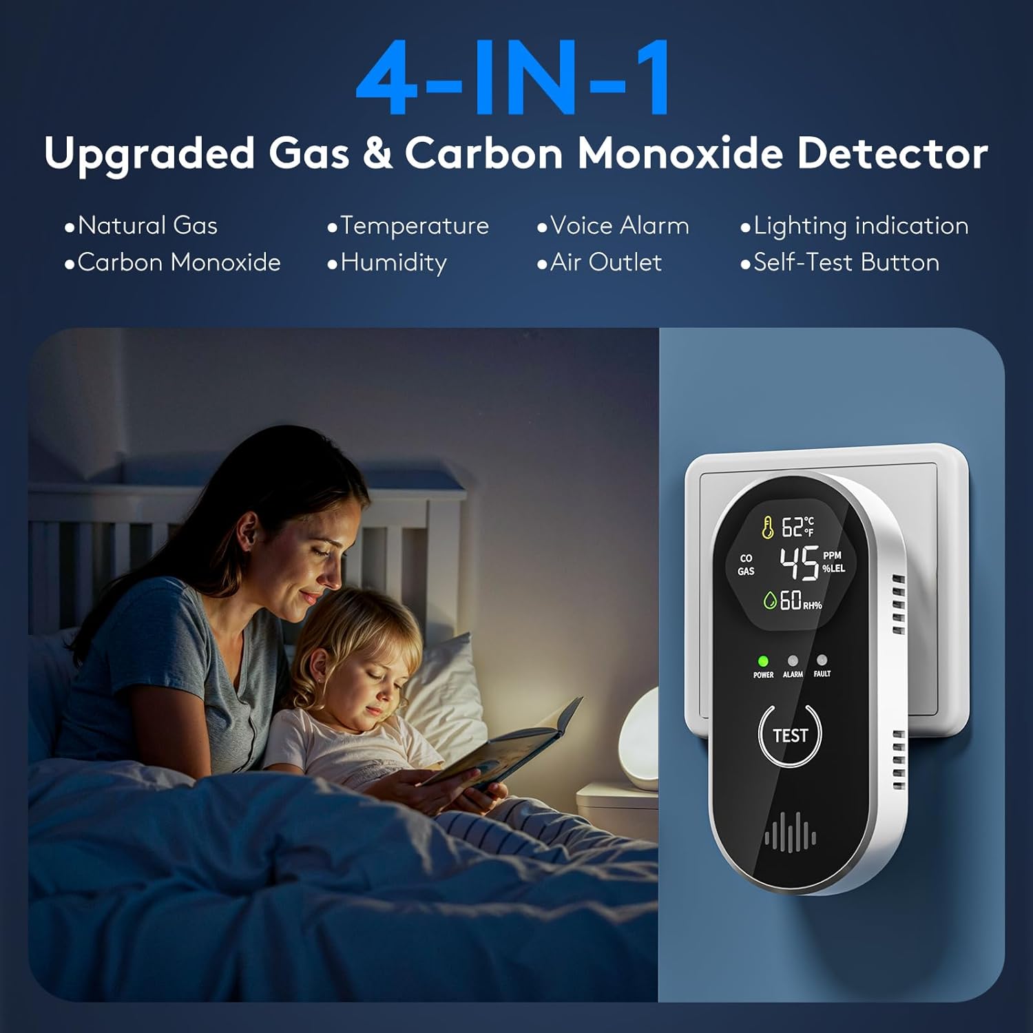 3 Packs Carbon Monoxide Detectors Plug-in, 4-in-1 CO & Gas Leak Alarm with Digital Display and 85dB Alert, Easy Install for Bedroom, RV, Camper — Portable Protection Anytime