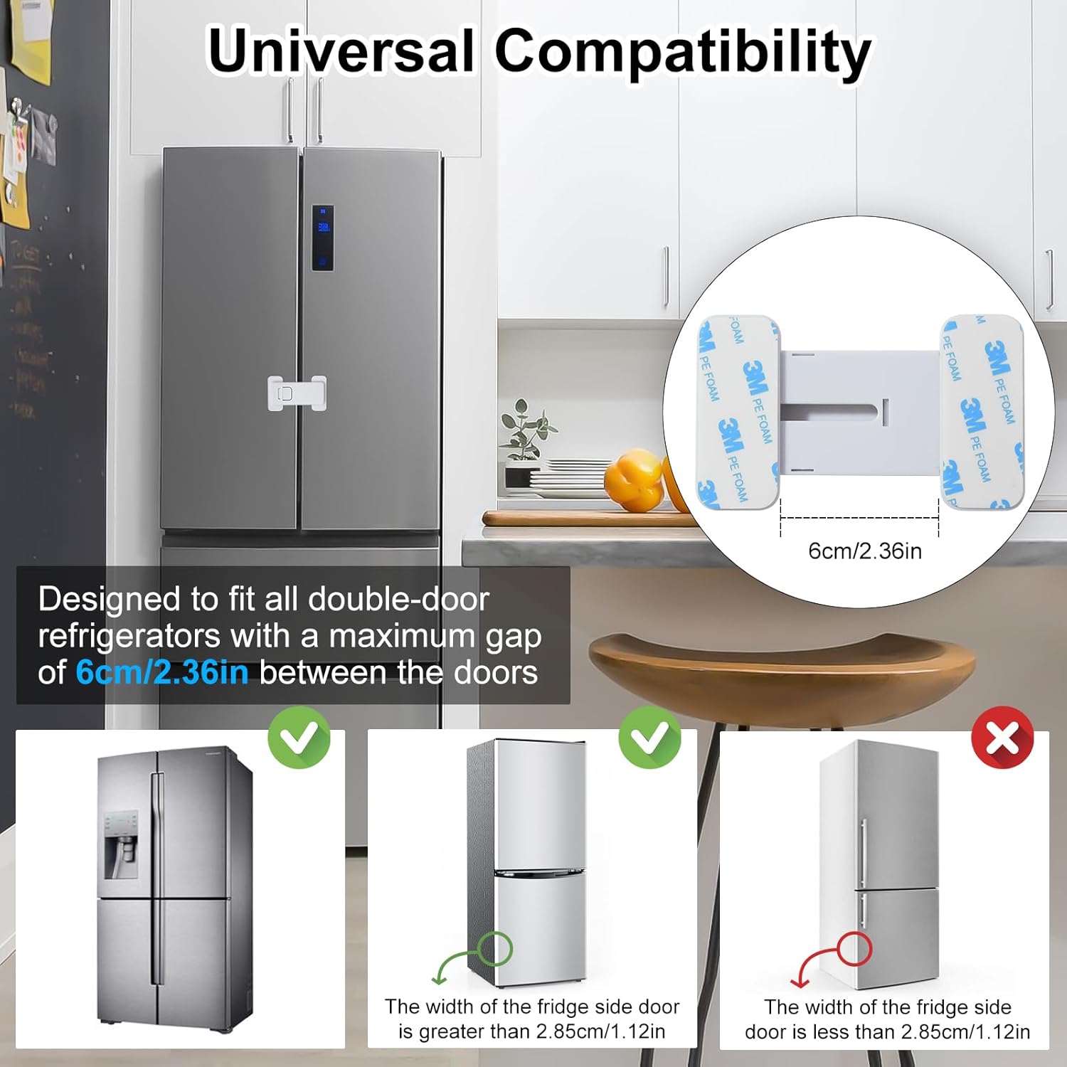 Fridge Locks for Kids, Child Proof Refrigerator Lock, Baby Safety French Fridge Door Lock, Child Cabinet Locks with Strong 3M Adhesive, No Drill, Tool-Free Install (2 Pack, White)