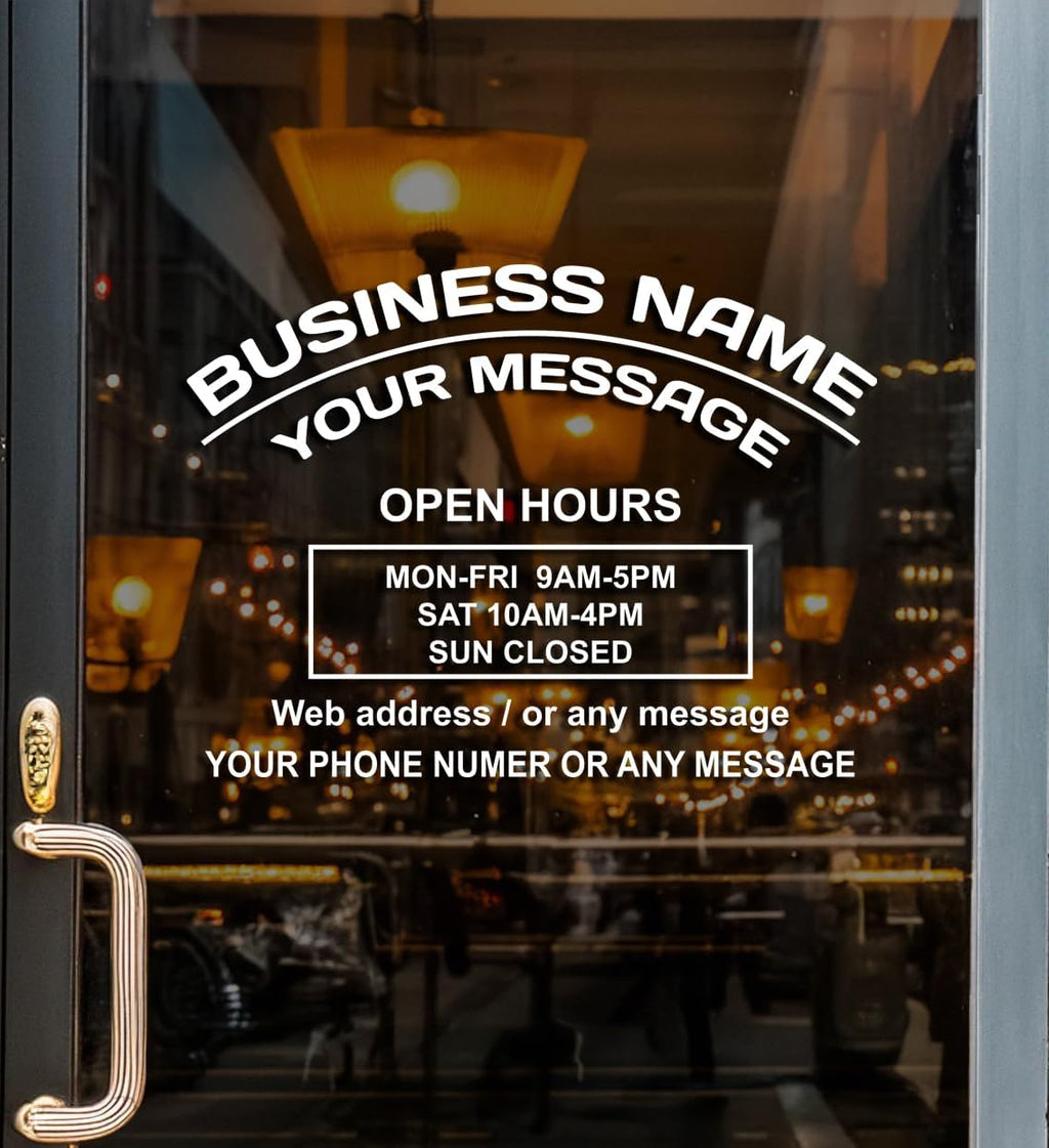 Business Hours Sign for Window – Two Title Lines (Two Arc Lines)