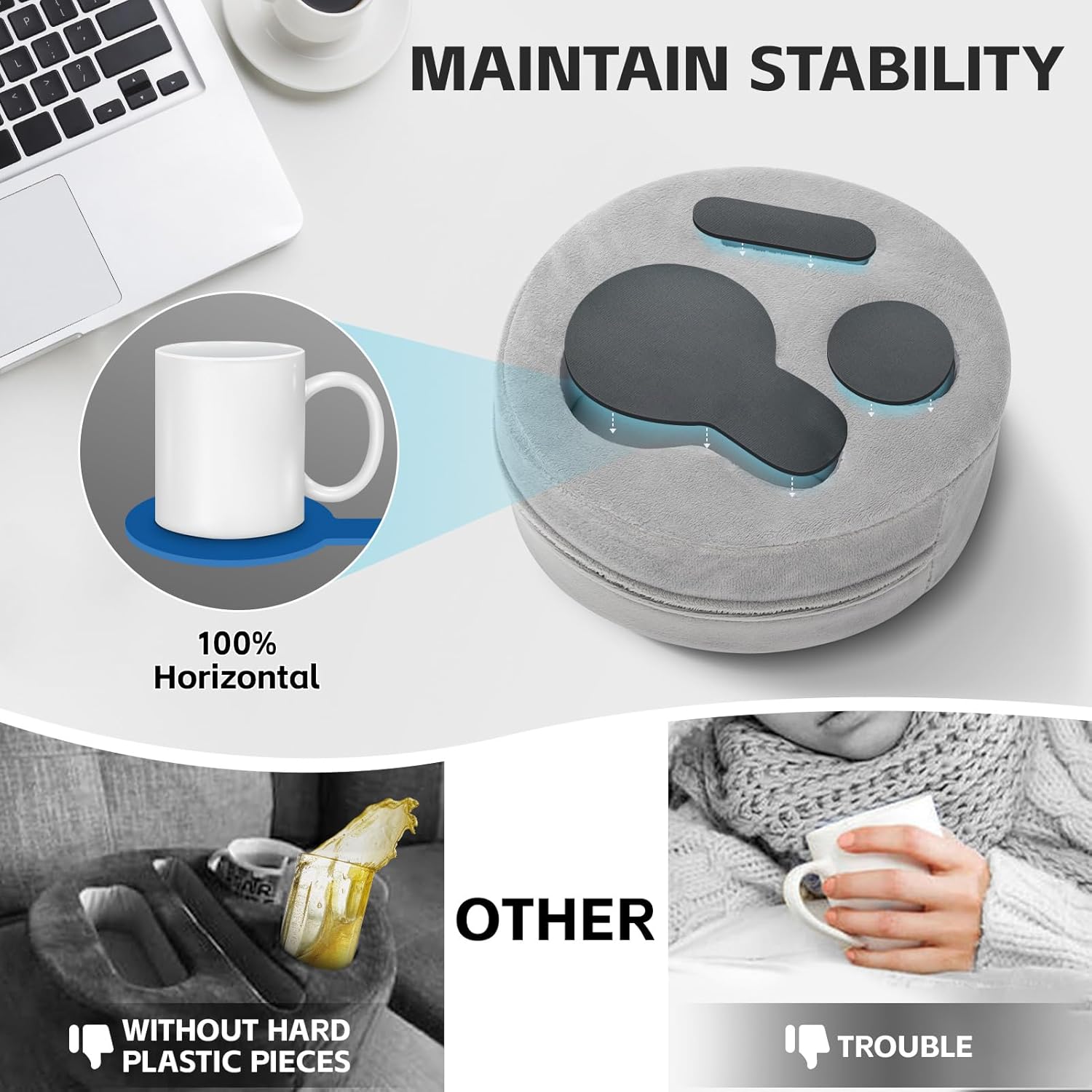 G GOOD GAIN Couch Cup Holder Pillow, Cute Sofa Drink Cup Holder Cozy Buddy | Desk Organizer for Mugs, Snacks, Phone, Makeup | Bed Caddy Tray for Car, Beach, Picnic, Boat, RV, Table (LightGrey)