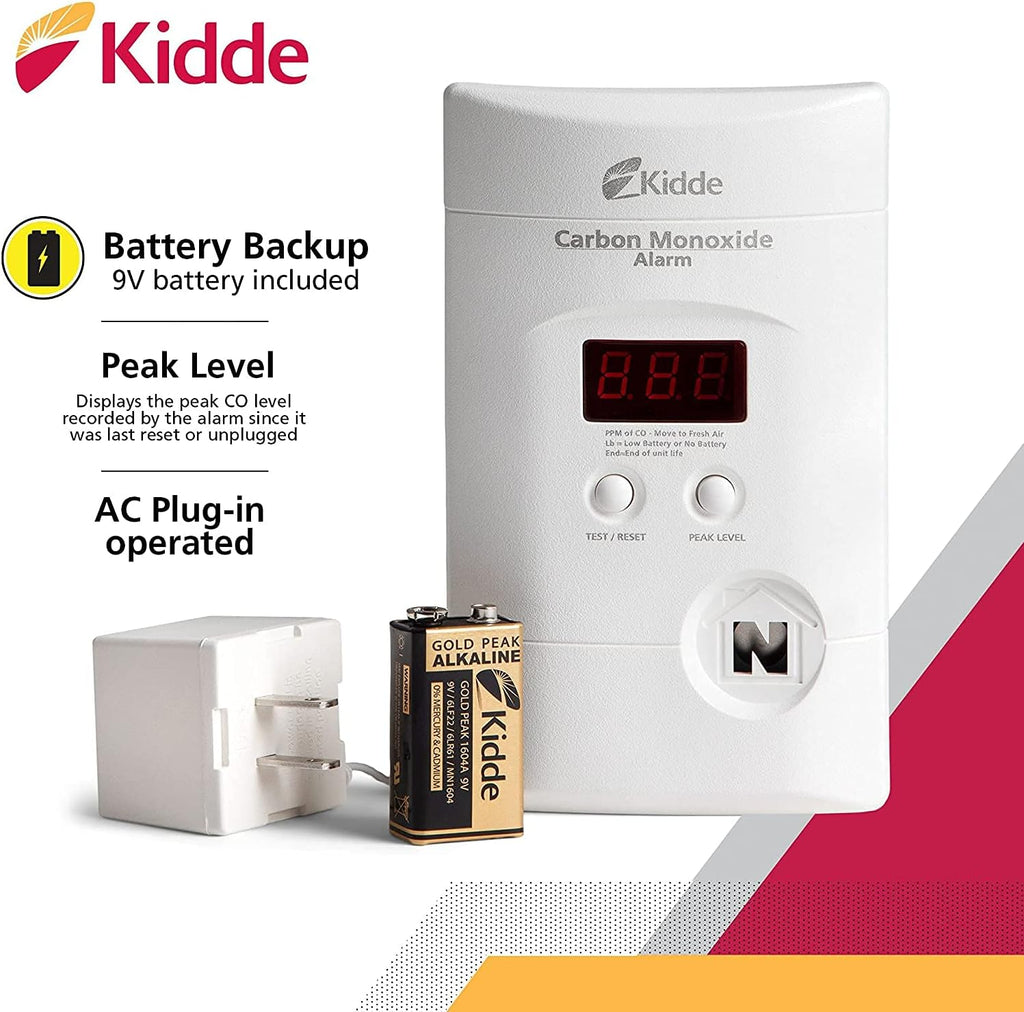 Kidde Carbon Monoxide Detector, Plug In Wall with 9-Volt Battery Backup, Digital LED Display - 6 Pack