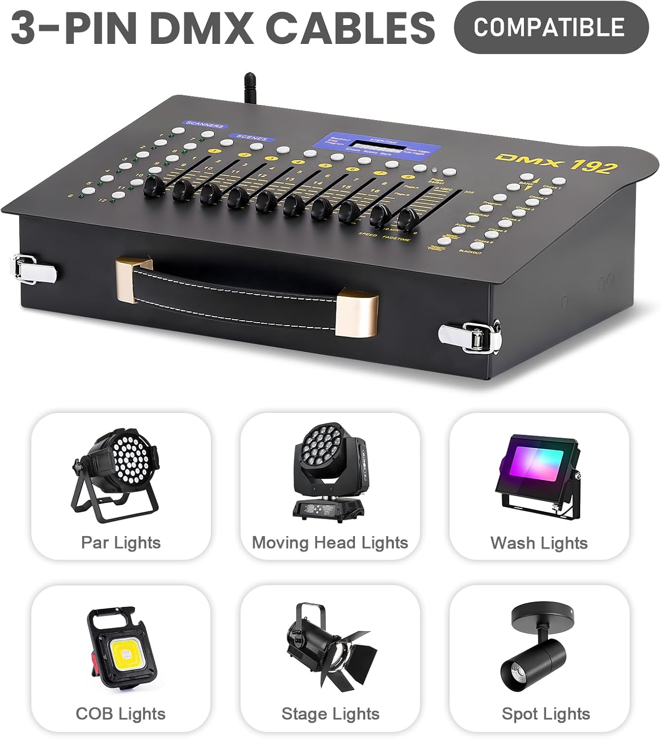 DMX512 Controller Stage DJ Light Console Lighting Mixer Board Console Wireless DMX Transmitter Receivers Set 192 Channels for Party DJ Disco Lights Show Night DJs KTV Bars Moving Heads