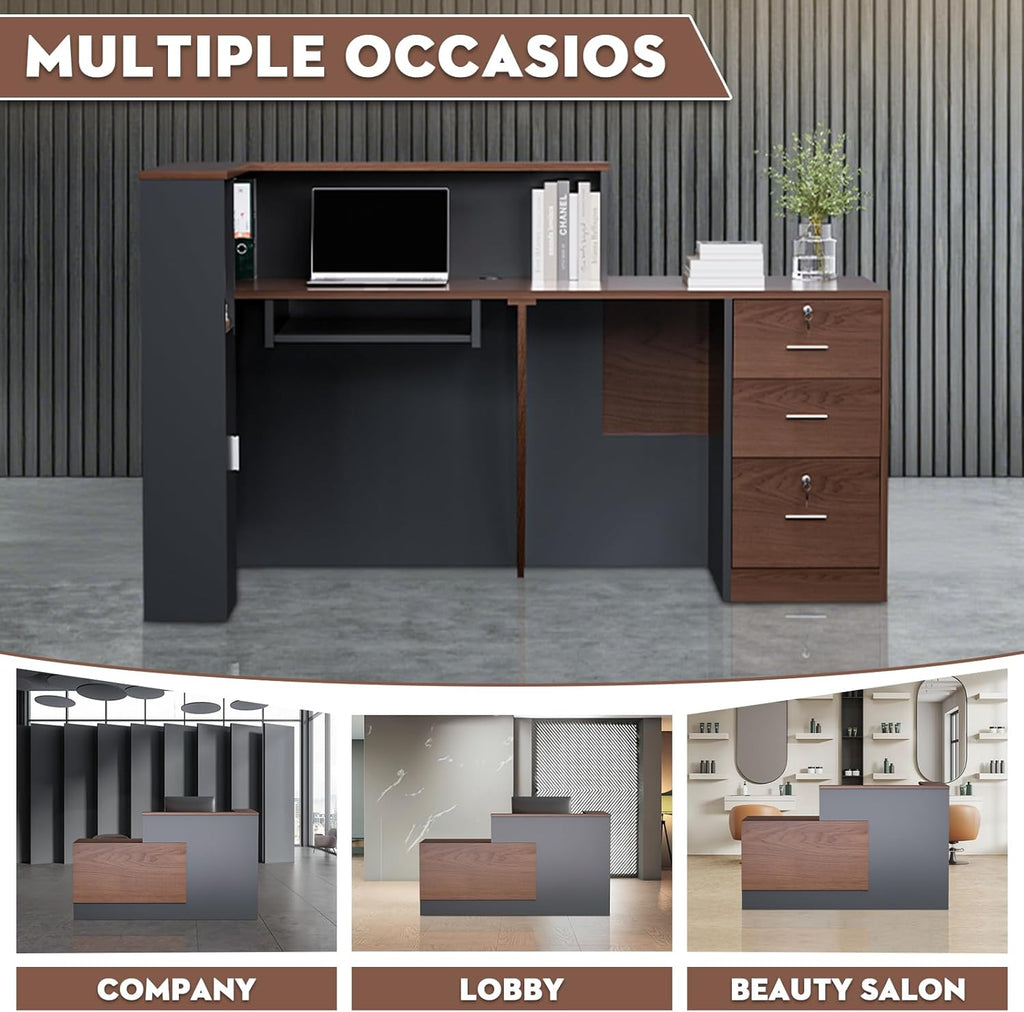 L-Shaped Modern Reception Desk with Counter & Storage - 71" Large Office Front Desk, Salon Checkout Counter with Lockable Cabinets, Shelves(Brown & Black, Right - 71''L x 34''W x 41''H)