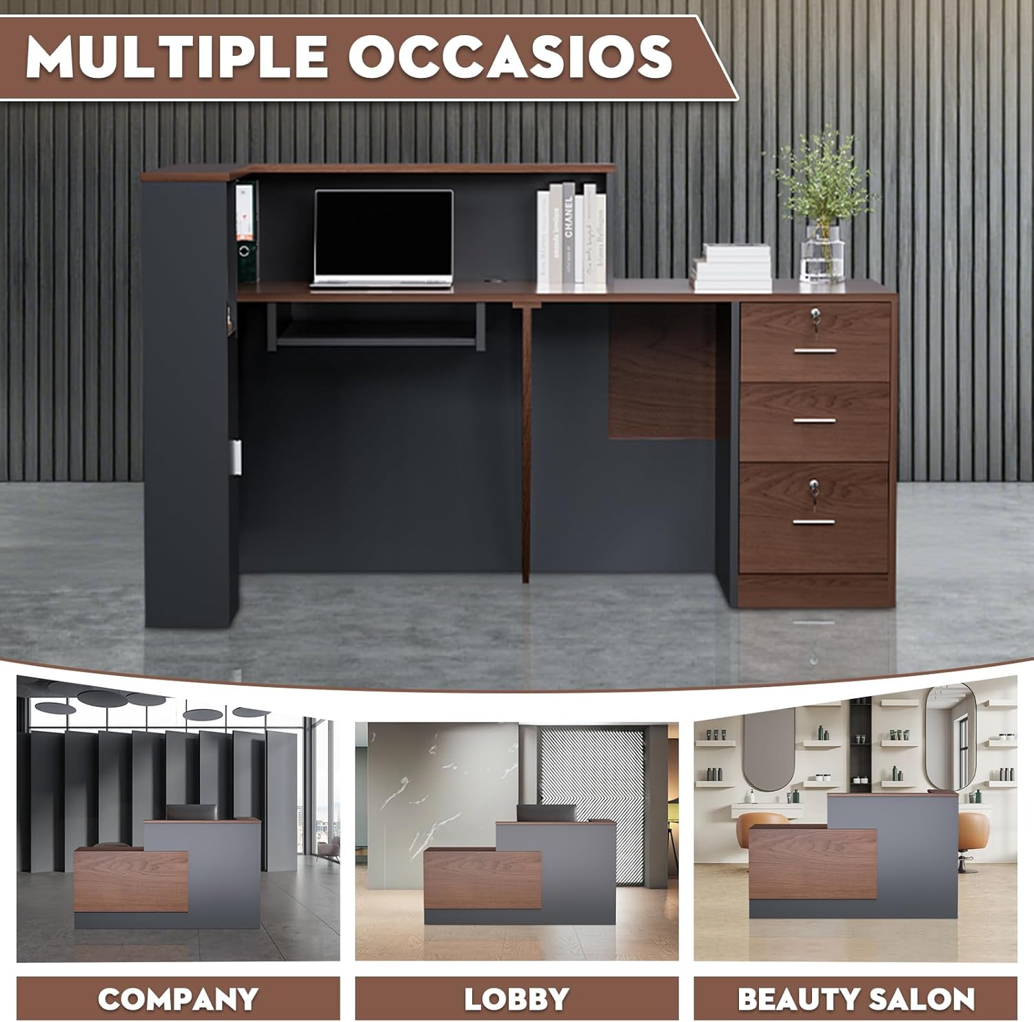 L-Shaped Modern Reception Desk with Counter & Storage - 71" Large Office Front Desk, Salon Checkout Counter with Lockable Cabinets, Shelves(Brown & Black, Right - 71''L x 34''W x 41''H)