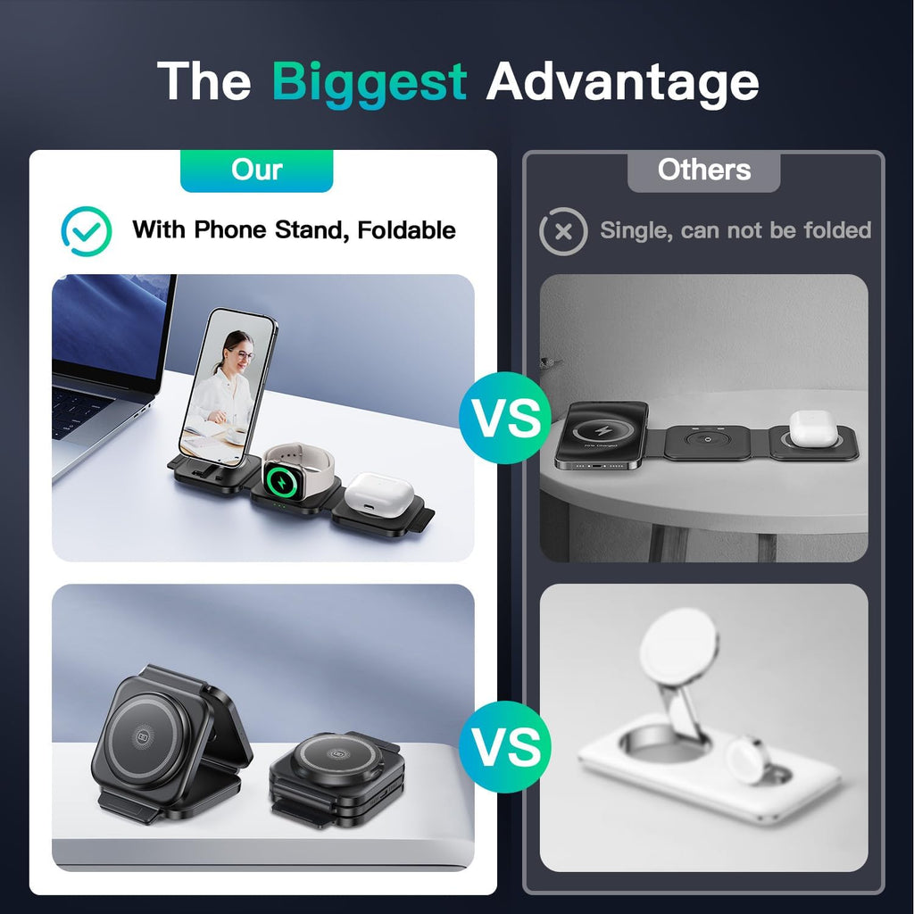 JARGO 3 in 1 Wireless Charging Station for Apple Devices, Foldable iPhone Charging Station for iPhone 17/16/15/14/13/12, Apple Watch & AirPods with Magsafe, Travel Essentials Wireless Charger (Black)