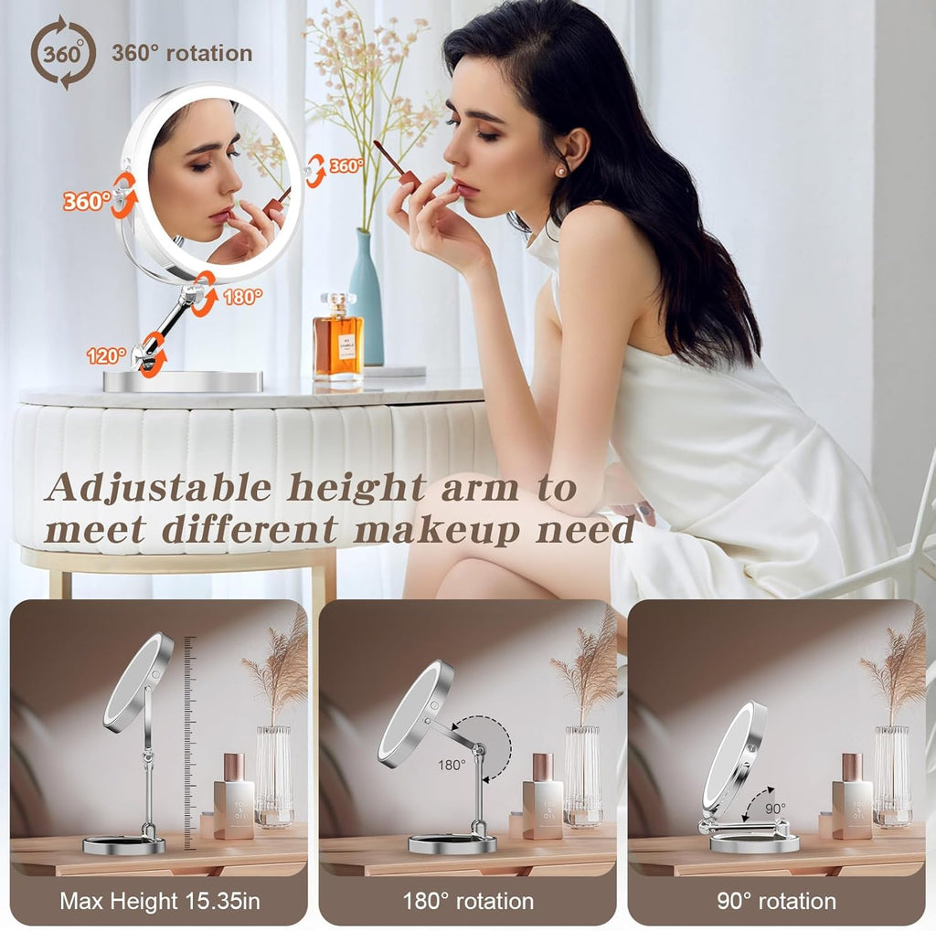 9" Large Lighted Makeup Mirror with 1X/10X Magnification, 4000mAh Rechargeable Vanity Mirror with Height Adjustable & 3 Color Dimmable Lights, 360°Swivel Double Sided Tabletop Cosmetic Mirror