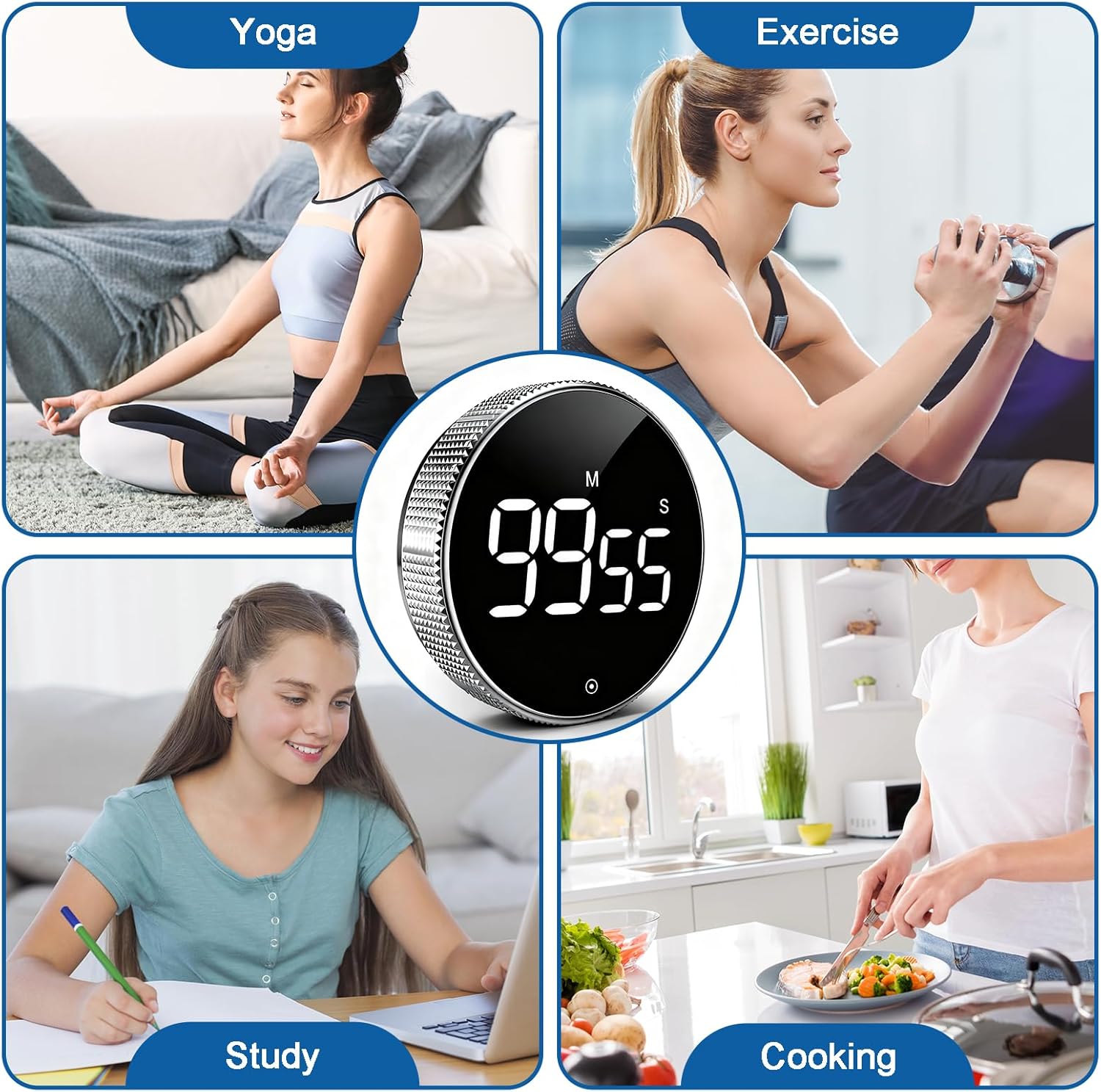 Digital Kitchen Timer, Magnetic Countdown Countup Visual Pomodoro Timer with Large LED Display, Cube Clock for Classroom Cooking Fitness Baking Studying Teaching, Easy for Kids and Seniors (Silver)