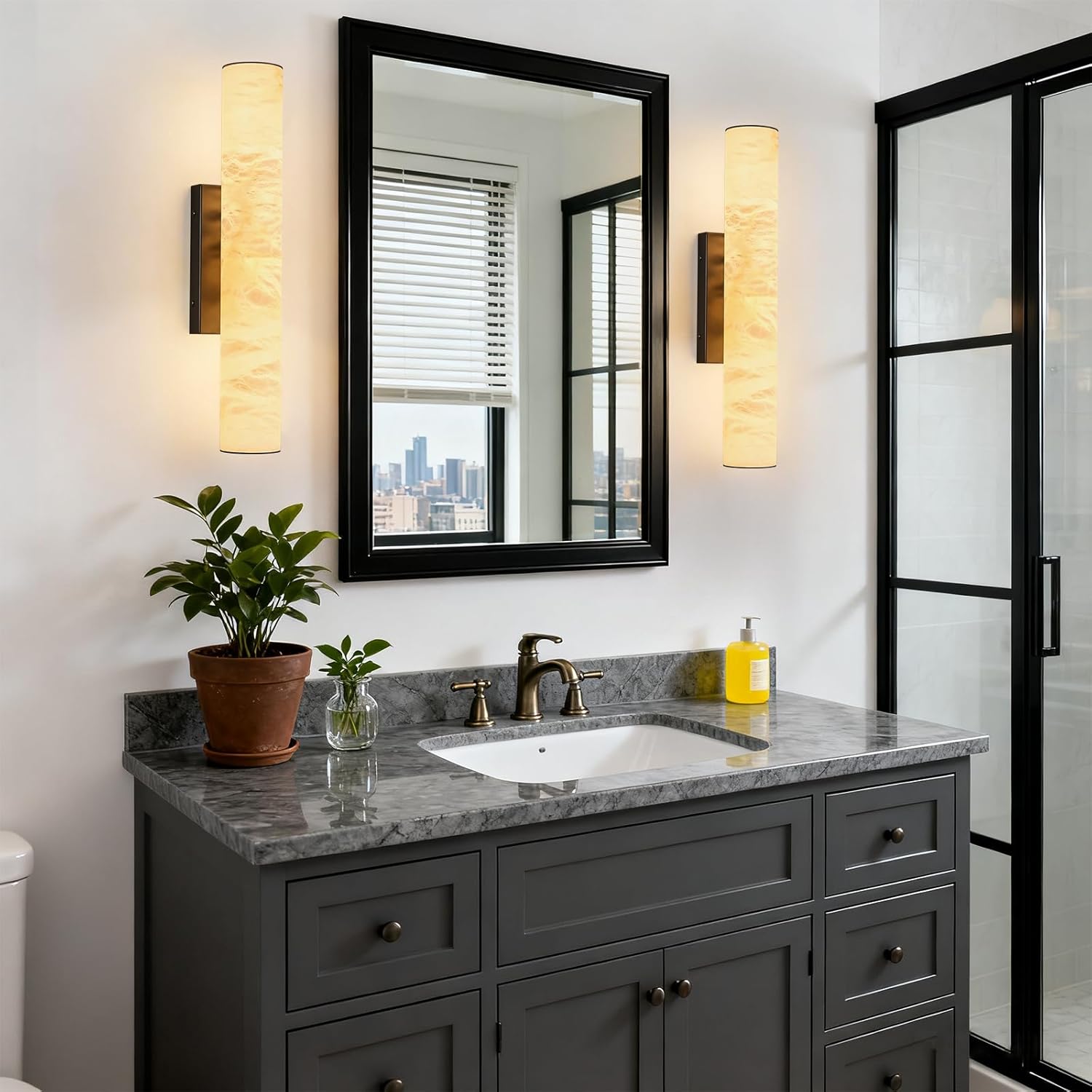 LMQNINE Natural Alabaster Wall Sconces Set of Two Spanish Marble Wall Light Cylinder Modern Black LED Sconce for Living Room Bedroom Bathroo Stairs（S-2Pack）
