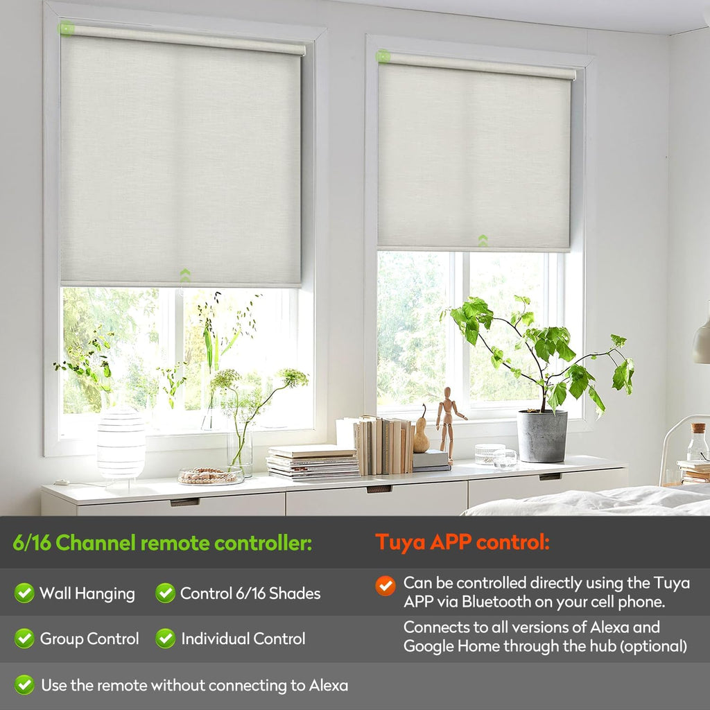 ZSTARR Motorized Light Filtering Roller Blinds with Remote Control,Rechargeable Smart Window Shades Compatible with Alexa Google via Hub,Fabric Wrapped Valance, Custom Size (Light Beige)