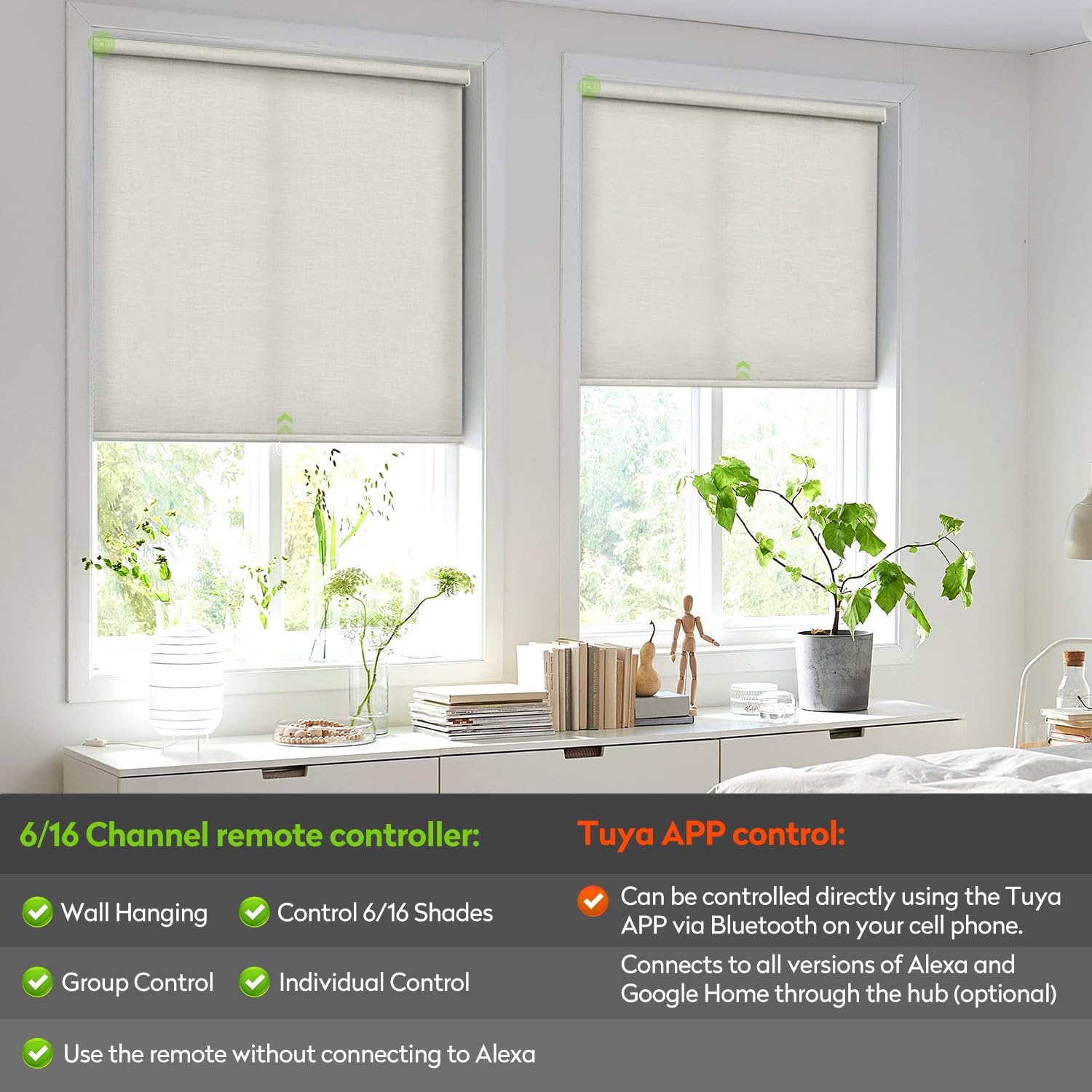 ZSTARR Motorized Light Filtering Roller Blinds with Remote Control,Rechargeable Smart Window Shades Compatible with Alexa Google via Hub,Fabric Wrapped Valance, Custom Size (Light Beige)