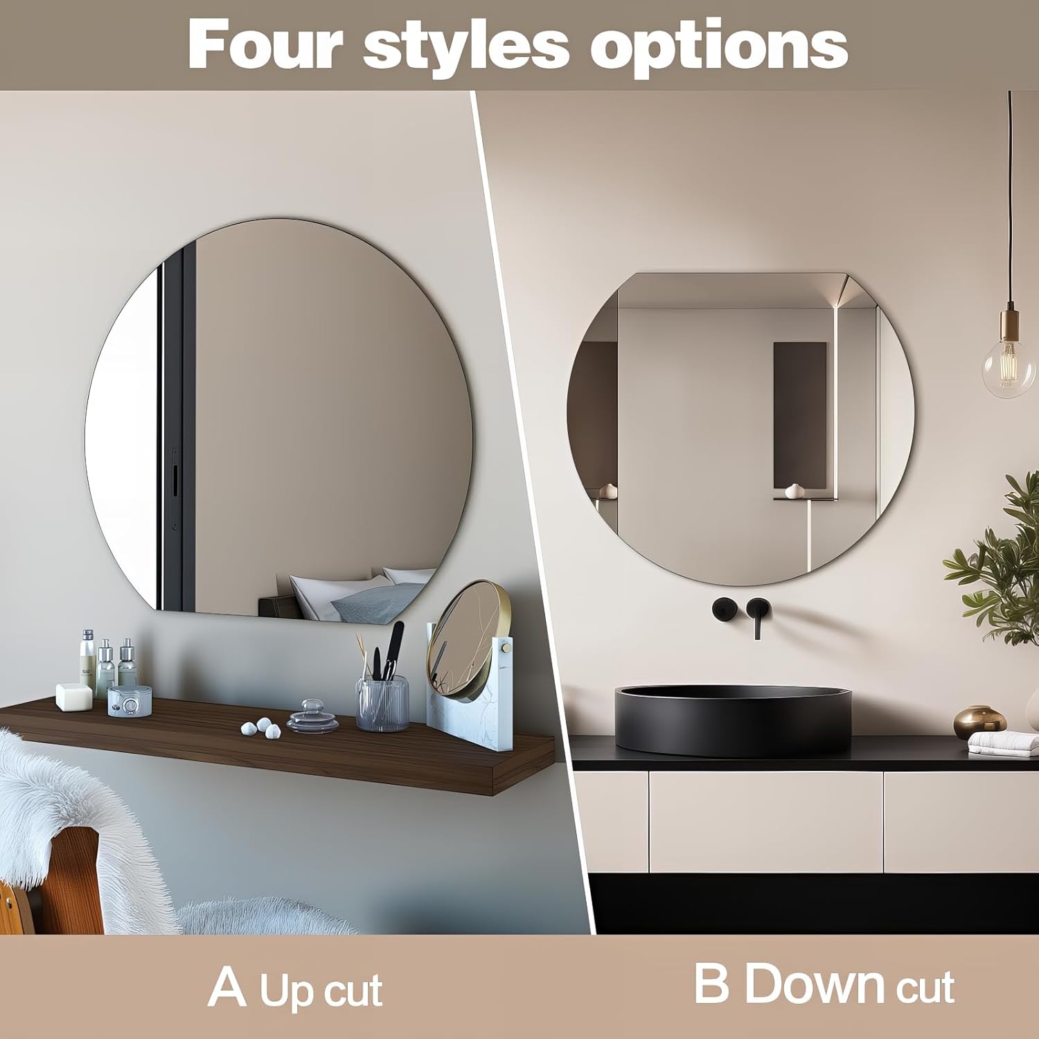 Half Moon Bathroom Mirror 28", Modern Frameless Wall Mirror, Hanging Decorative Vanity Mirror, Minimalist Explosion Proof Semi Circle Mirror for Living Room Bedroom Entryway, Down Cut