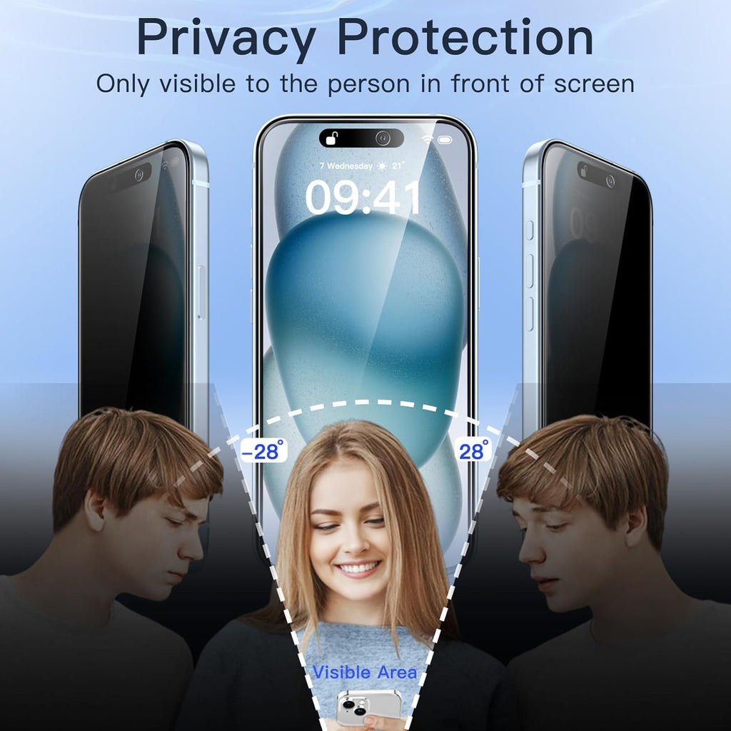 JETech Privacy Screen Protector for iPhone 15 Plus 6.7-Inch with Camera Lens Protector, Anti-Spy Tempered Glass Film, Easy Installation Tool, 2-Pack Each