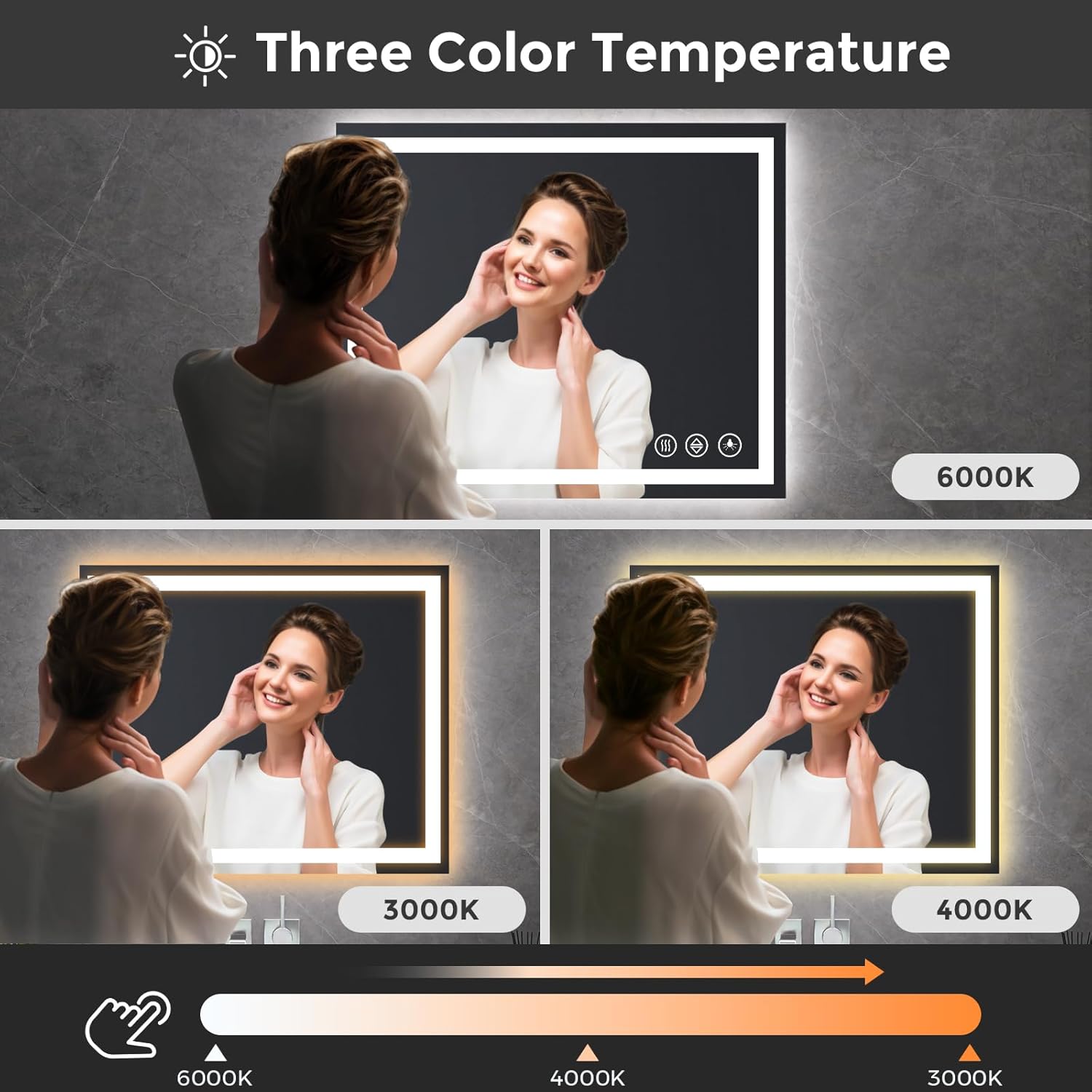 Koonmi 36x48 LED Bathroom Mirror, Backlit + Front Lit, LED Bathroom Mirror with Lights for Wall, 3 Colors, Anti-Fog, Dimmable Brightness, Memory Function, Tempered Glass
