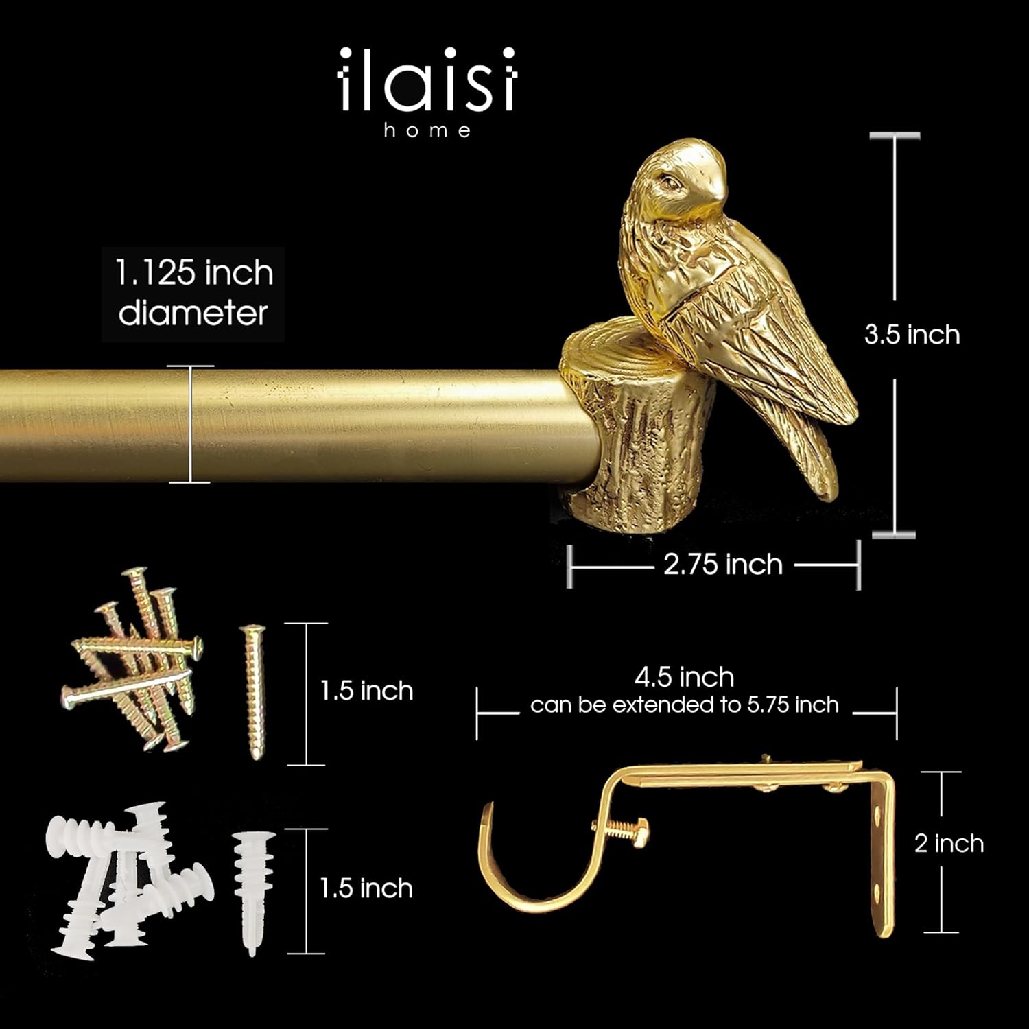 1-1/8 Inch Diameter Brushed Gold Curtain Rod with Bird Design Finials, 36-72'' Telescoping Single Curtain Rods for window width 24-68 inch, 1 pack