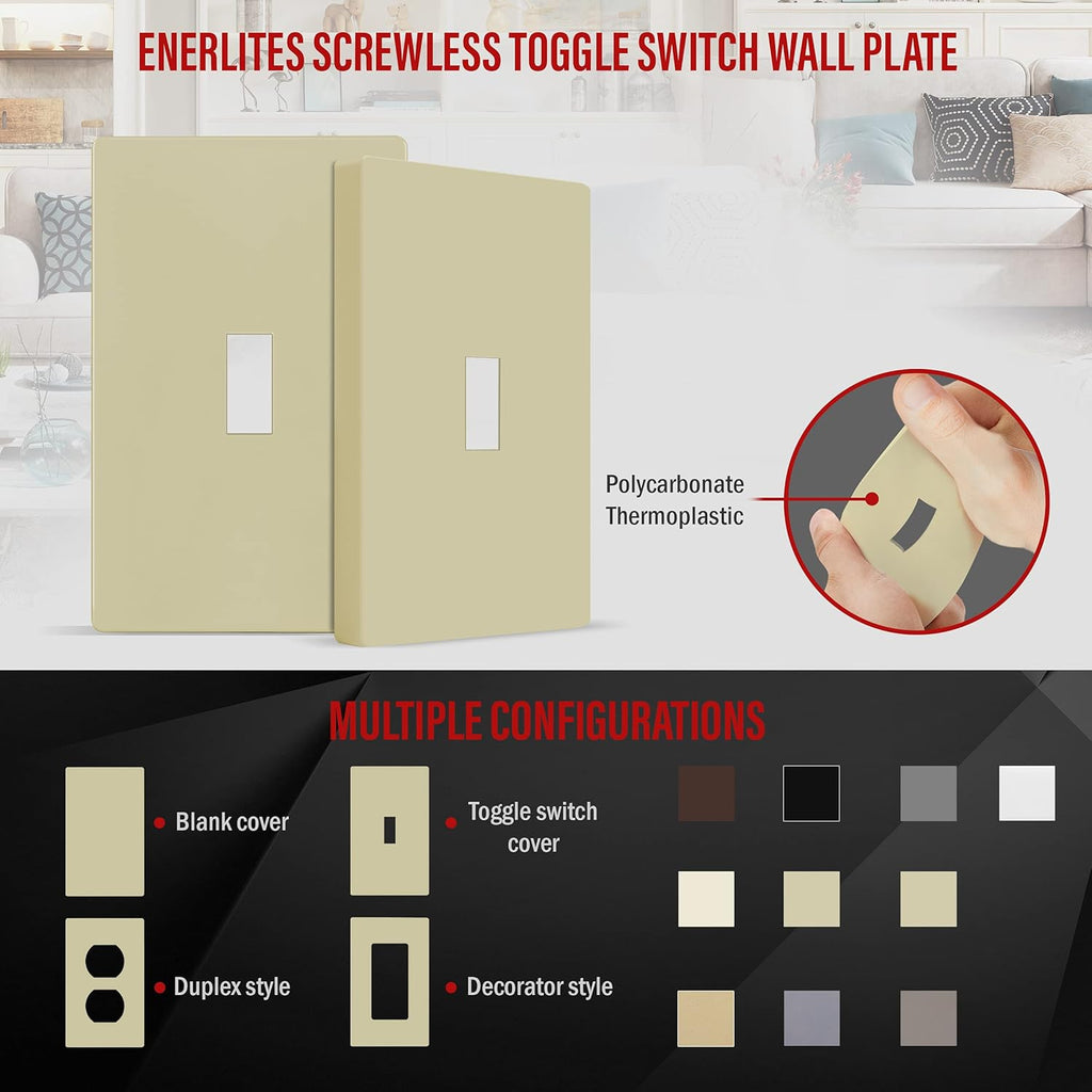 ENERLITES Screwless Toggle Switch Wall Plate, Child Safe Light Switch Cover, Standard Size 1-Gang 4.68" x 2.93", Unbreakable Polycarbonate Thermoplastic, UL Listed, SI8811-I, Glossy, Ivory