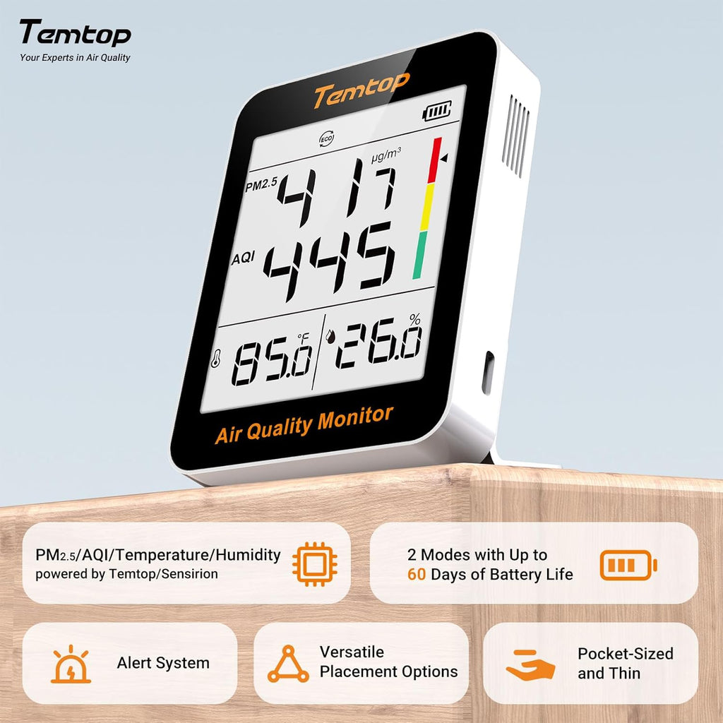 Temtop Air Quality Monitor Indoor Thermo-Hygrometer - PM2.5, AQI, Temperature, and Humidity Meter for Home, Office, or School, Air Quality Measurement, 60-Day Battery Life