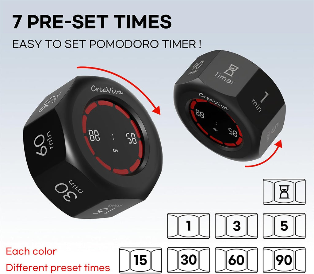 Pomodoro Timer, Flip Cube with 7 presets Countdown, Count up, Rechargeable Small Portable Visual Focus Stopwatch for ADHD, Kids, Classroom, Kitchen, Work, Study, Productivity (Space Grey)
