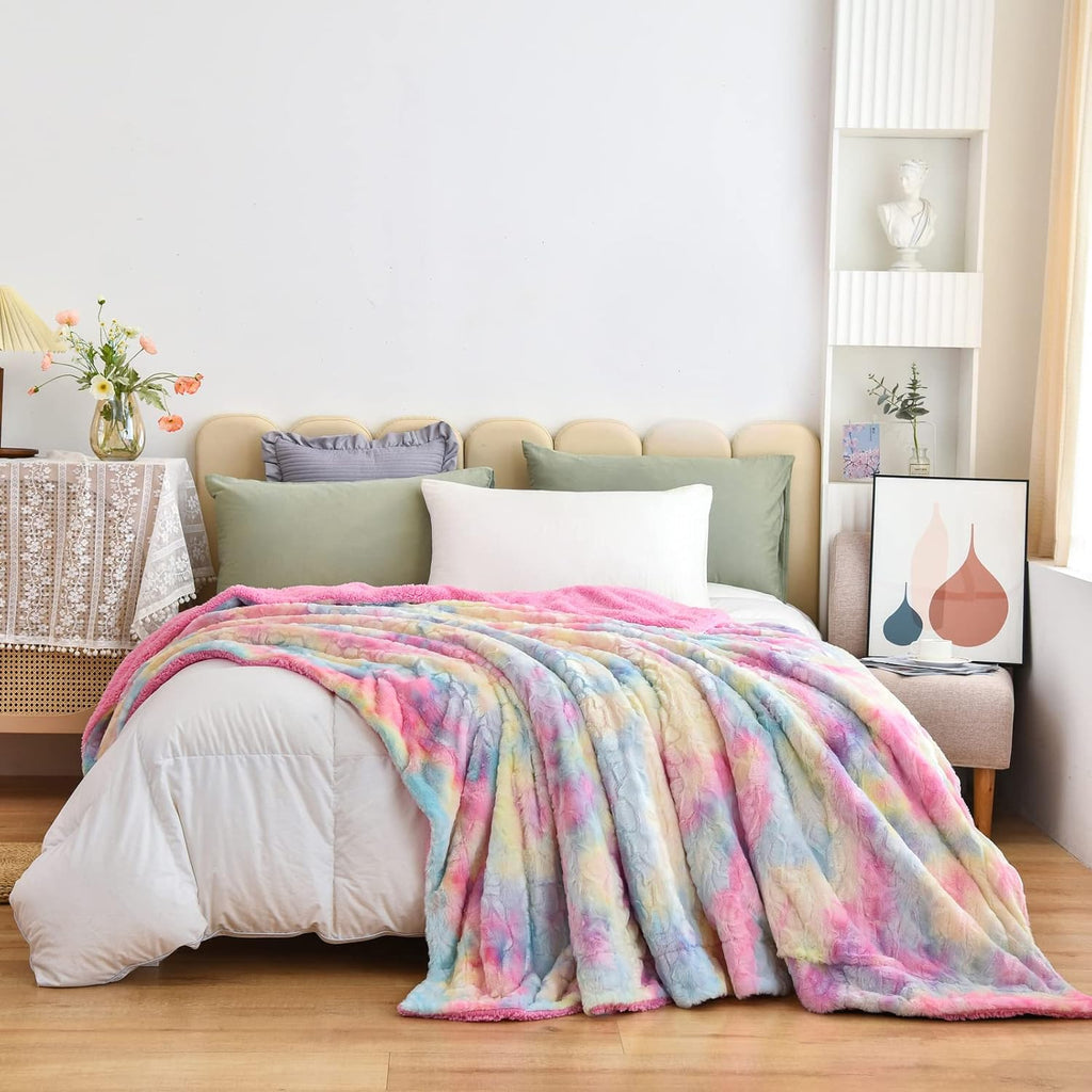 NEWCOSPLAY Super Soft Faux Fur Blanket Queen Size Light Rainbow Sherpa Fuzzy Plush Warm Blanket for Sofa Bed (Light Rainbow, Queen(90"x90"))