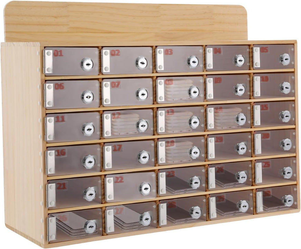 30 Slot Lockable Cell Phone Locker Box, Wall-Mounted/Freestanding Clear Acrylic & Wood Cell Phone Storage Cabinet with Door Locks and Keys for Classroom, Office, and School Employees
