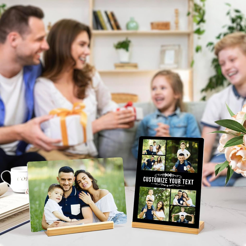 Custom Photo Prints - Metal Desktop Picture Frame with Photos & Name & Wooden Base Personalized Gifts for Family Friends Lovers and Pets, Optional Multiple Sizes