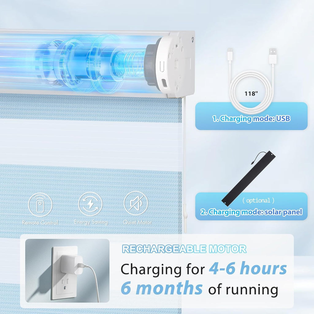 LazBlinds Motorized Zebra Roller Shades, Rechargeable Smart Blinds with Remote Control, Custom Size Light Filtering Dual Layer Roller Sheer Shades, Blue