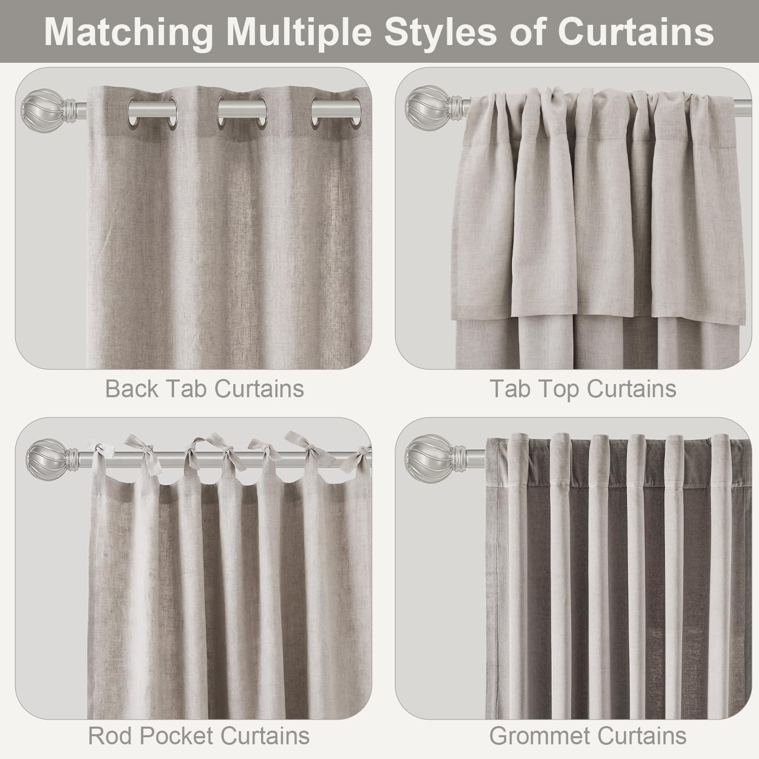 Silver Curtain Rods for Windows 28 to 48 Inch 7/8" Diamete Heavy Duty Adjustable Window Curtain Rod with Decorative Finials for Farmhouse Bedroom Living Room Kitchen Outdoor
