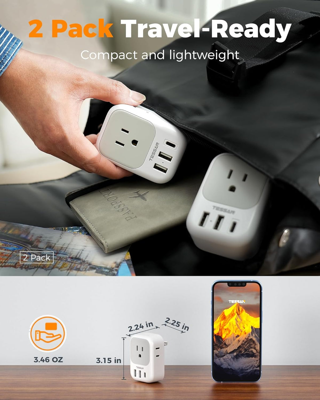 TESSAN 2 Prong to 3 Prong Outlet Adapter 2 Pack, US to Japan Plug Adapter with 4 Outlets 3 USB (1 USB-C), Outlet Adaptor US to Japan China Mexico Philippines Canada Peru Thailand Vietnam