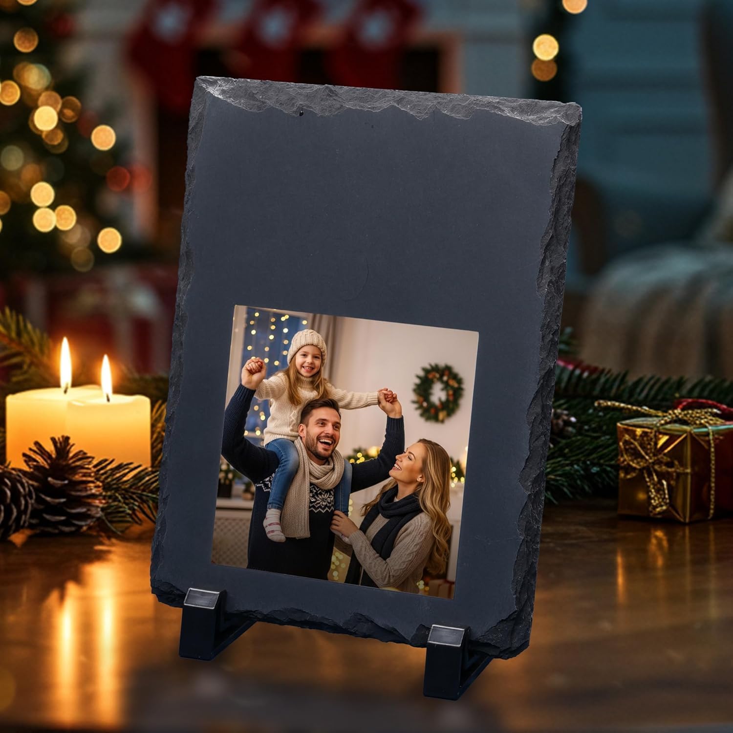 ArtPix 3D Christmas Personalized Slate Plate, Customized Xmas Photo Print Stone, Custom Picture Gift for Wife, Women, Family, Her, Him, Rock Slate Plaque Frame (Medium - Square White Patch)
